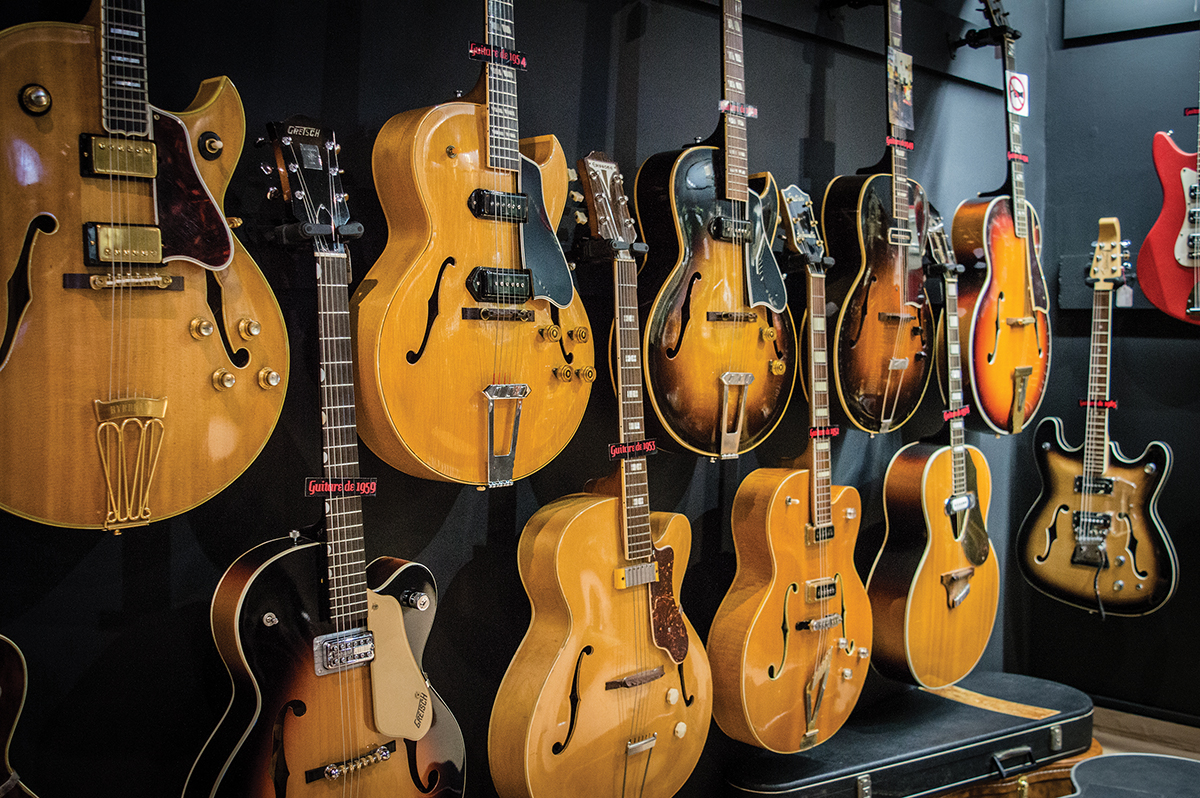 The ‘Jazz Wall’ highlights include two mid-50s ES-175s, a ’49 Charlie Christian, a ’52 Gretsch Synchromatic II and a 1960 Anniversary