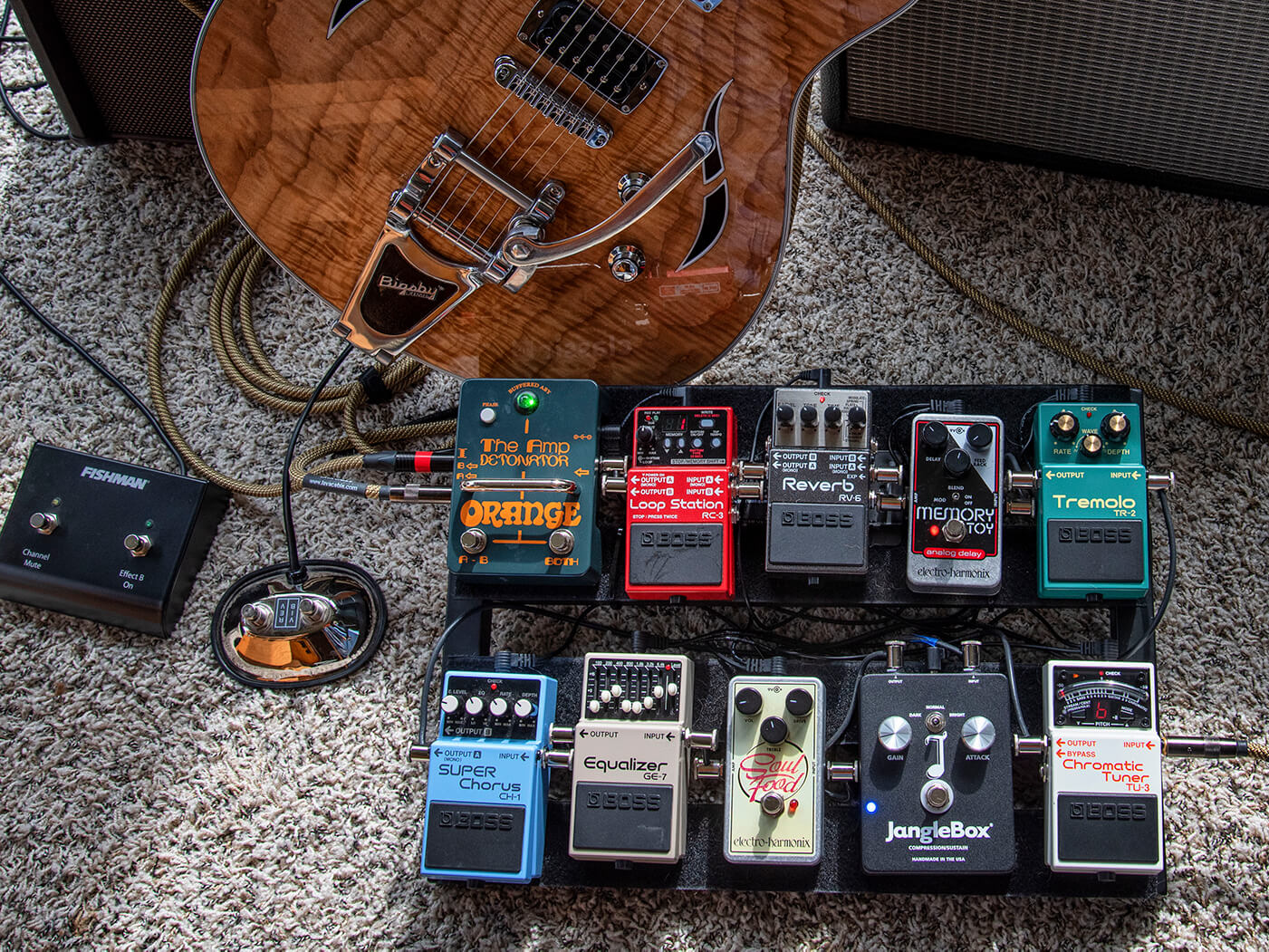 Mitchell Strauss pedalboard style shot against taylor guitar