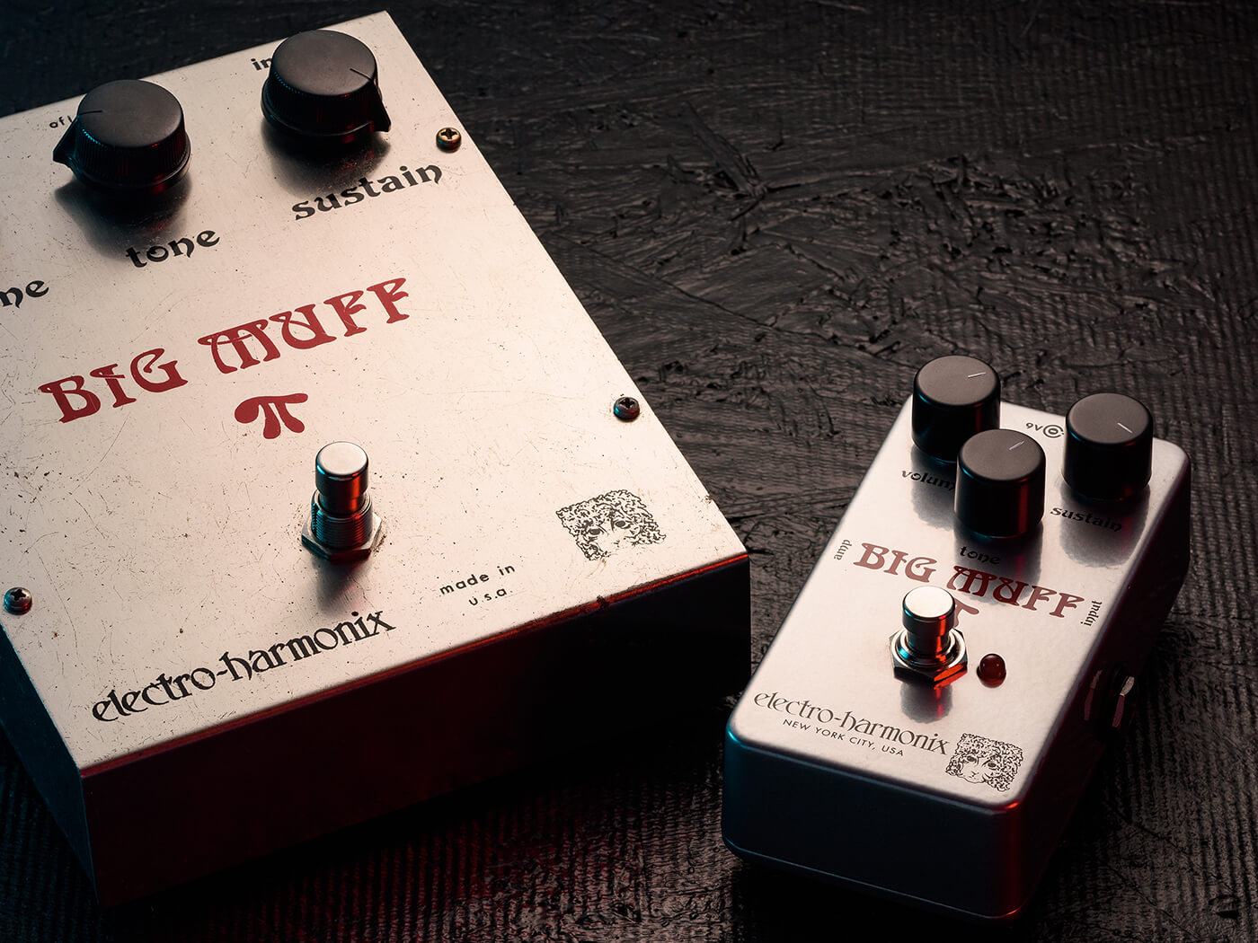 The EHX Rams Head Big Muff and it's older, bigger counterpart.
