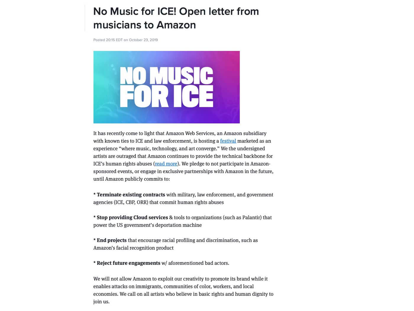 The No Music For ICE open letter