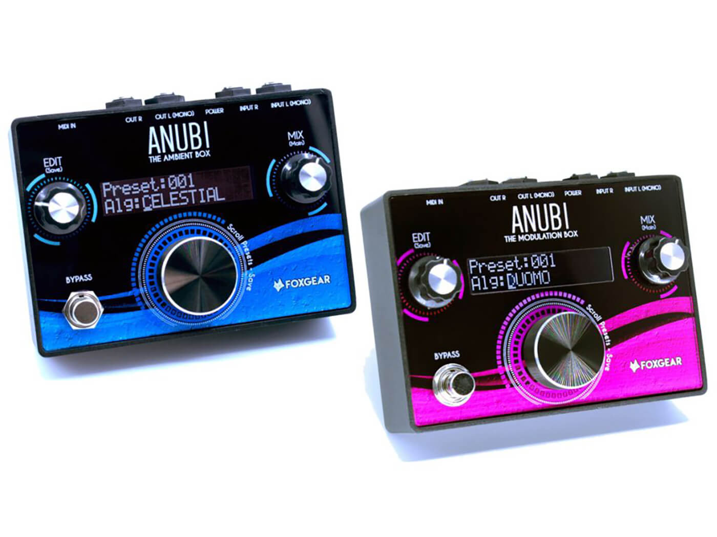The FoxGear Anubi Ambient (Blue) and Anubi Modulation (Purple).