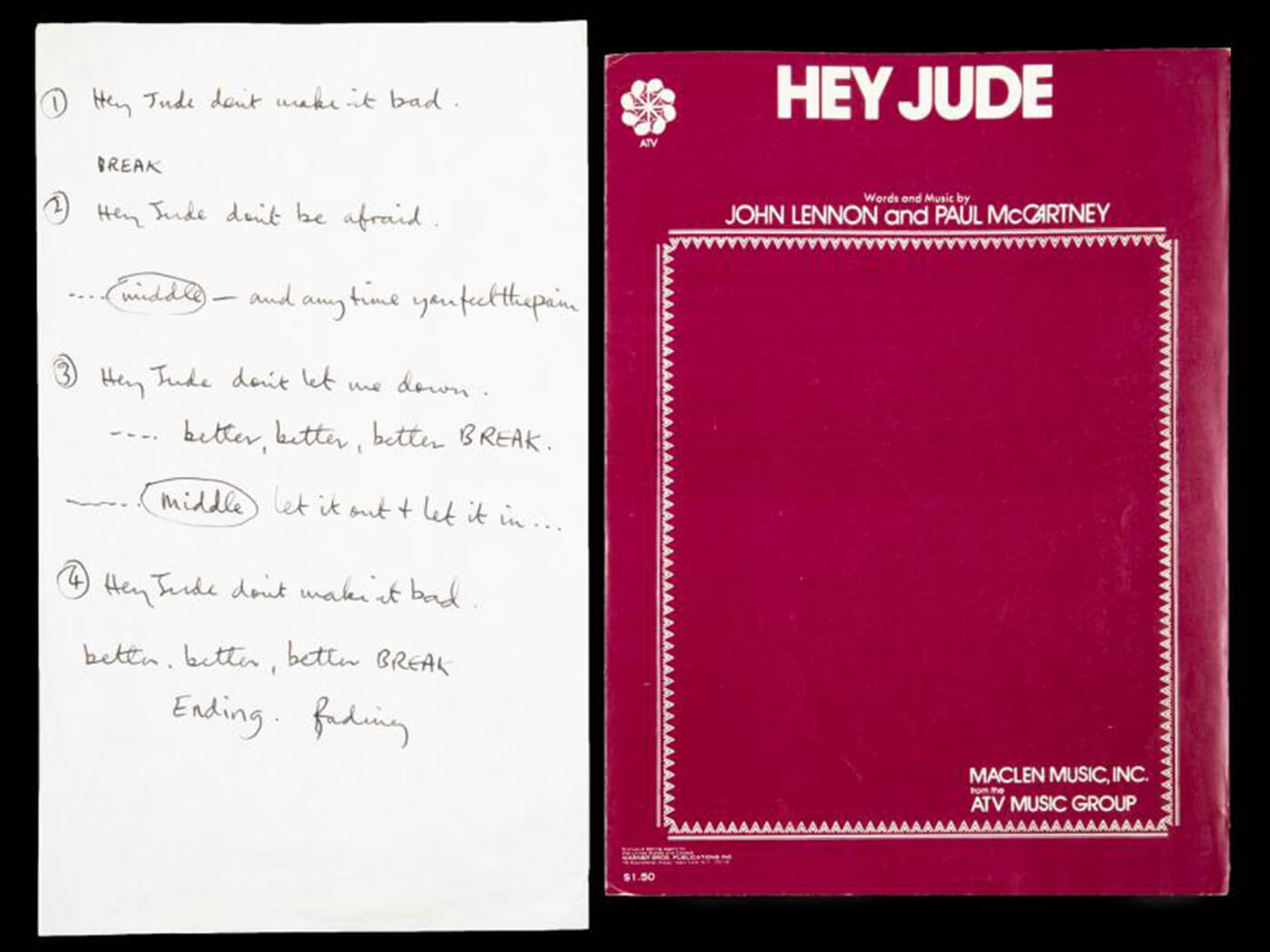 Hey Jude lyrics sheet from Julien's Auctions