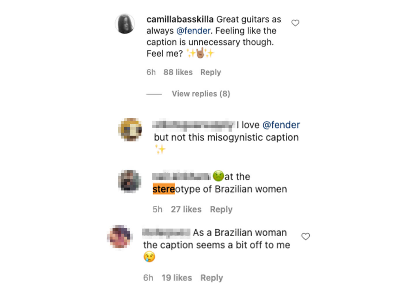 Comments on Fender's IG page