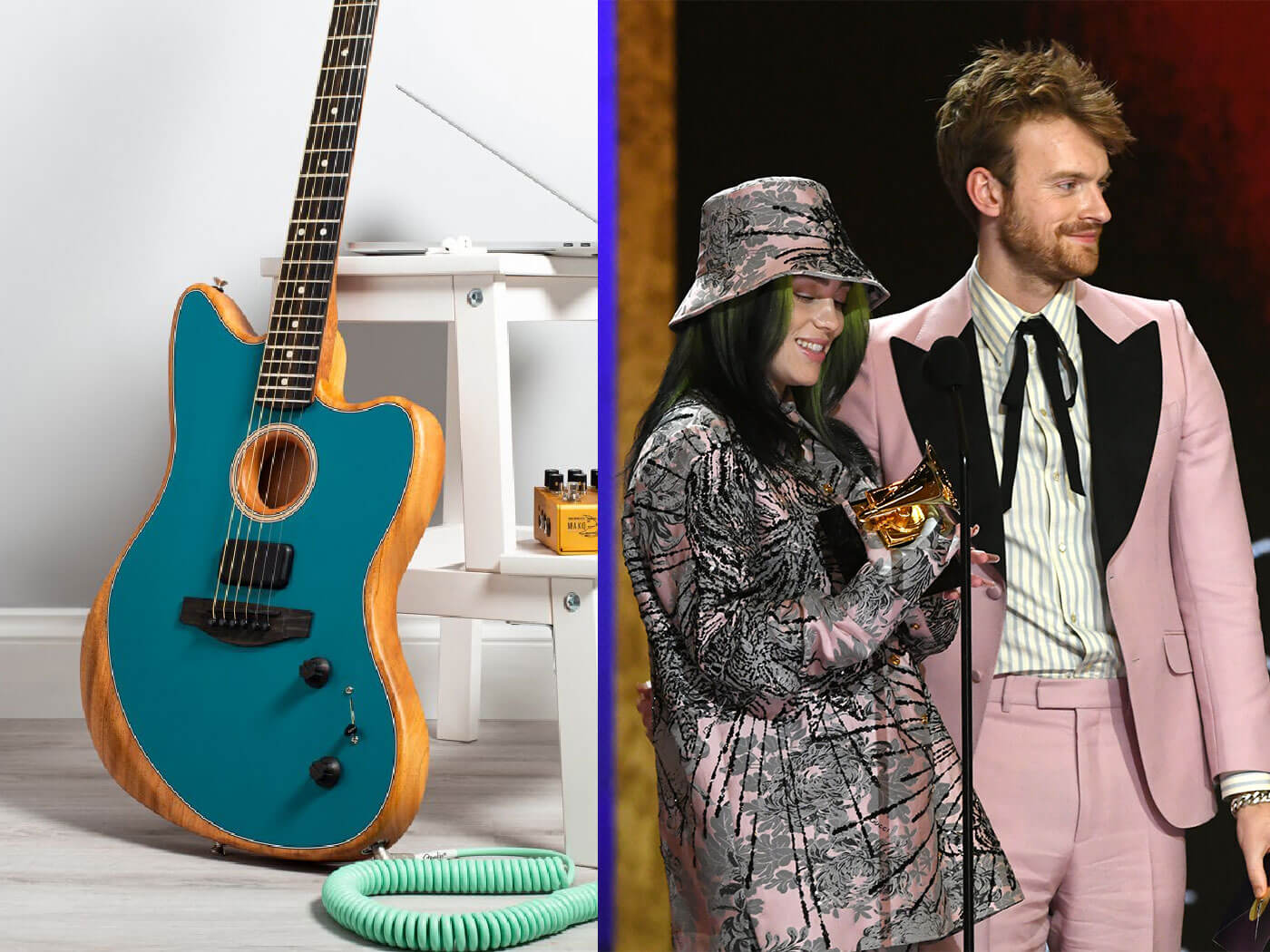 The Acoustasonic Jazzmaster (L), and Finneas and his sister Billie Eilish.