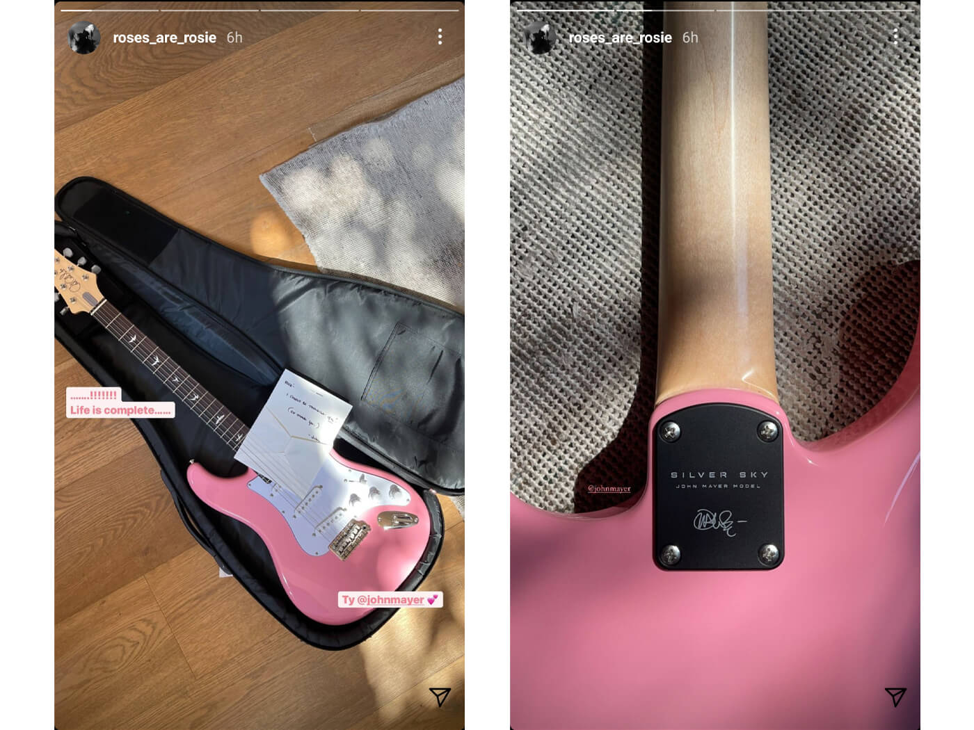 John Mayer PRS Silver Sky in Roxy Pink Rose Instagram Story