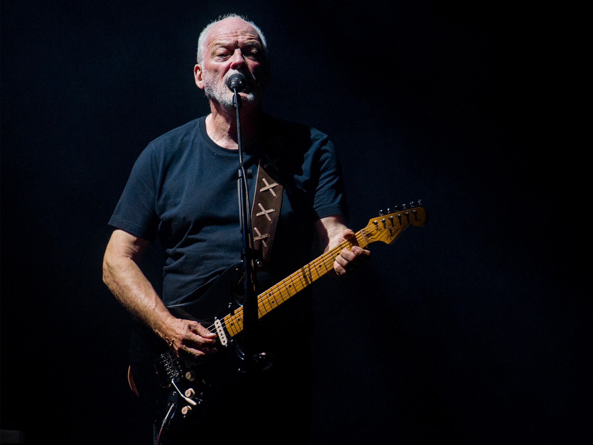 David Gilmour in concert with guitar