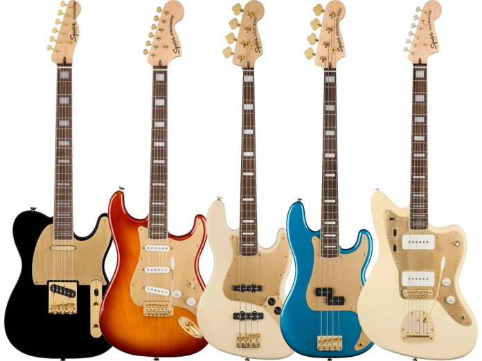 Squier celebrates 40th anniversary with five Gold Edition guitars.