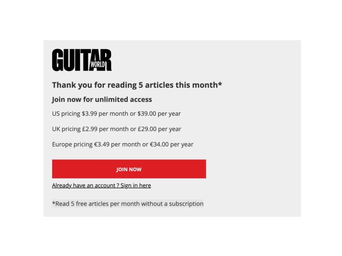 GuitarWorld's new paywall.