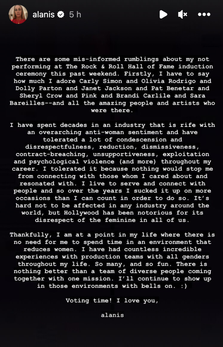 Statement from @alanis on Instagram Stories