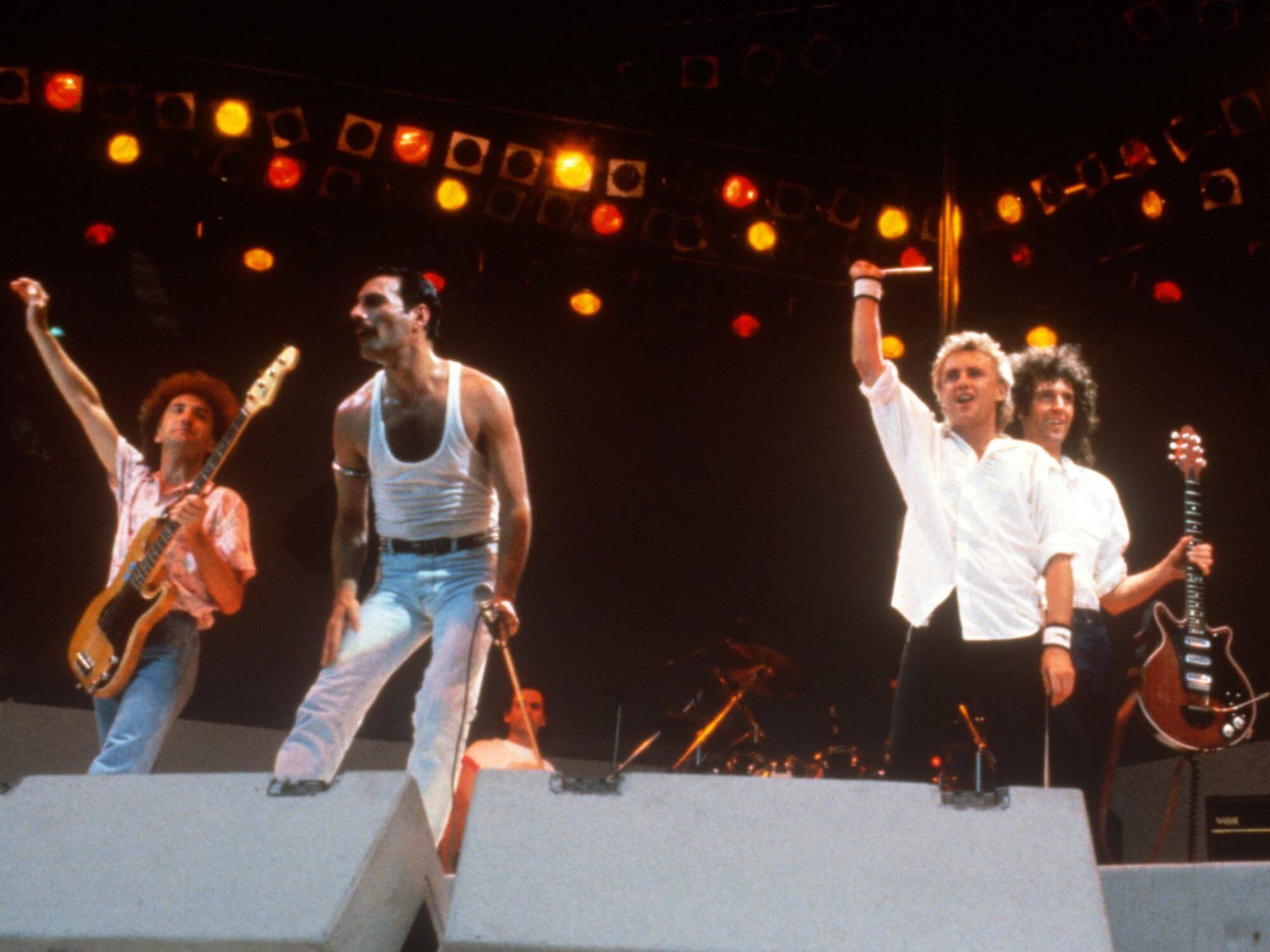 Queen performing at the Live Aid charity concert in 1985
