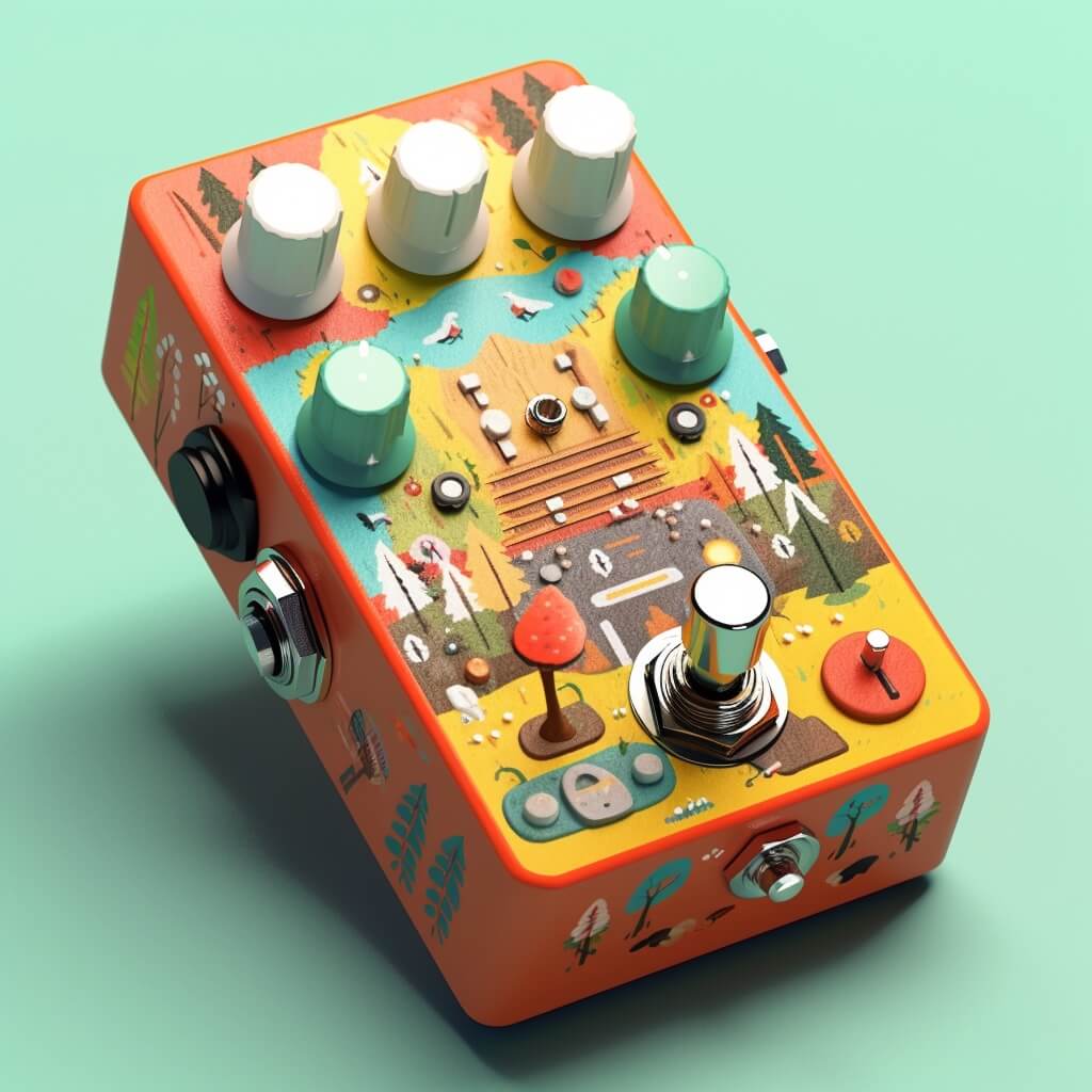 Pedal inspired by Animal Crossing with cartoon-y nature landscape print