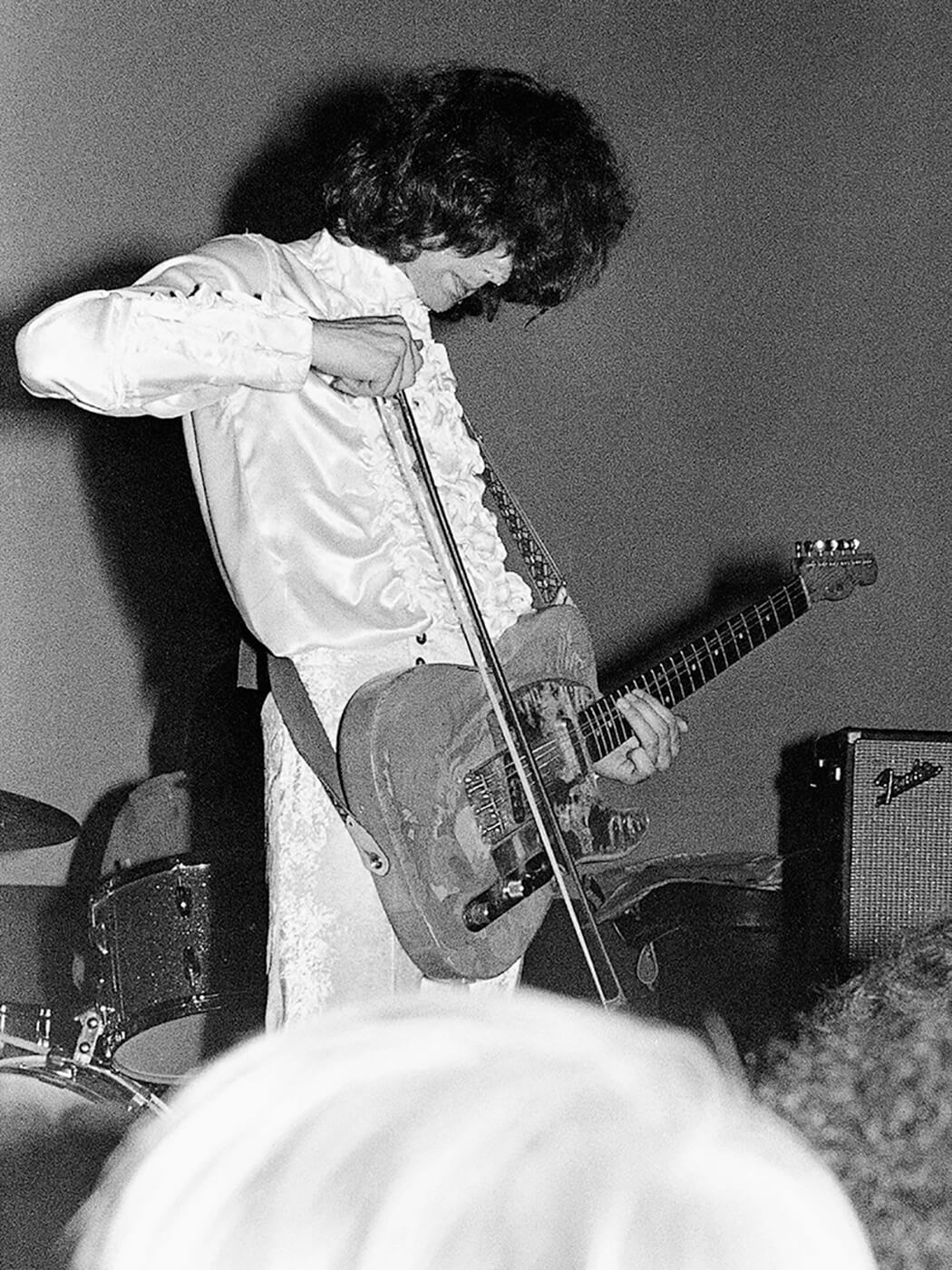 Jimmy Page of The New Yardbirds (soon to be re-named Led Zeppelin) plays his Dragon Telecaster with a violin bow in 1968
