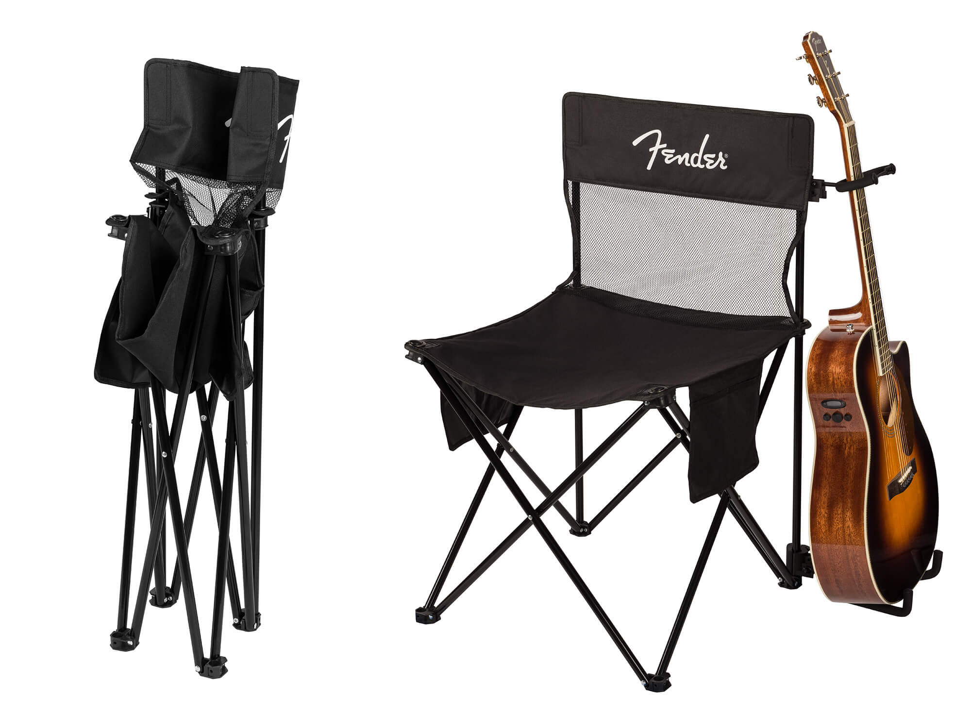 Fender Festival Chair folded (left) and open with guitar attached (right)