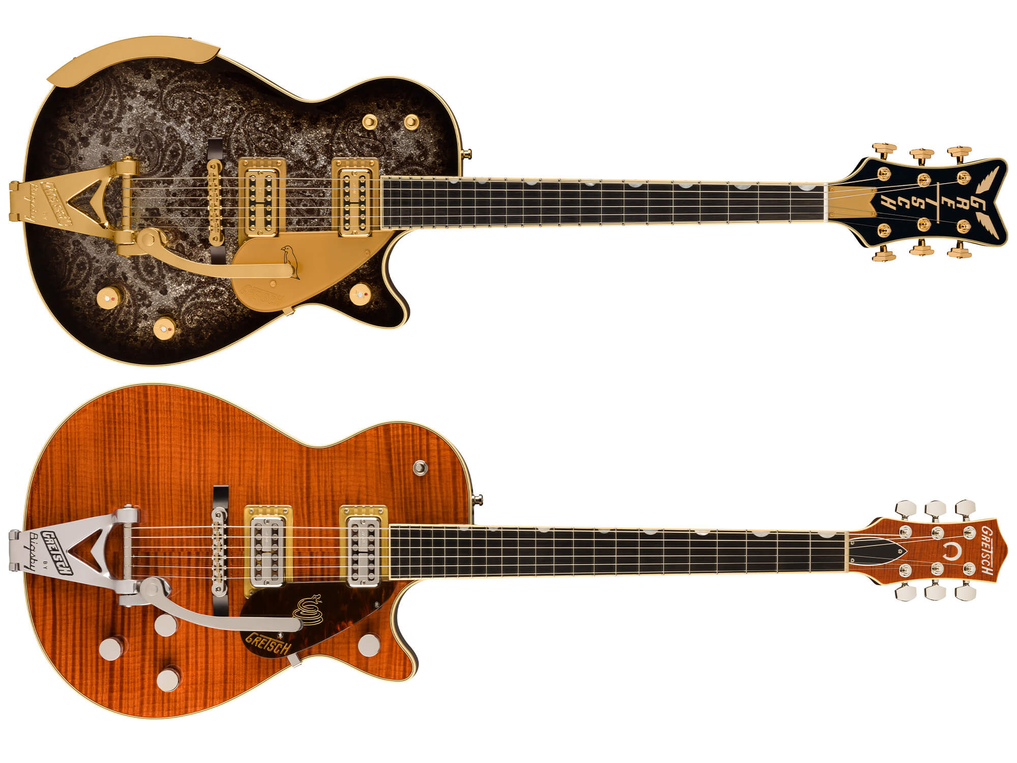 Gretsch Professional Collection Paisley Penguin (top) and Bourbon Sidewinder (bottom)