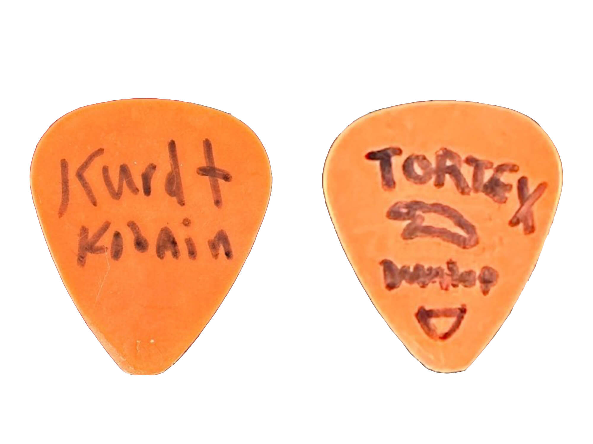 Side by side image of the front and back of the orange pick with Kurt's writing on