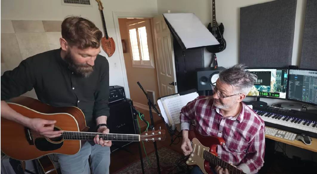 Paul Davids and Tom Strahle with his Fender Squier
