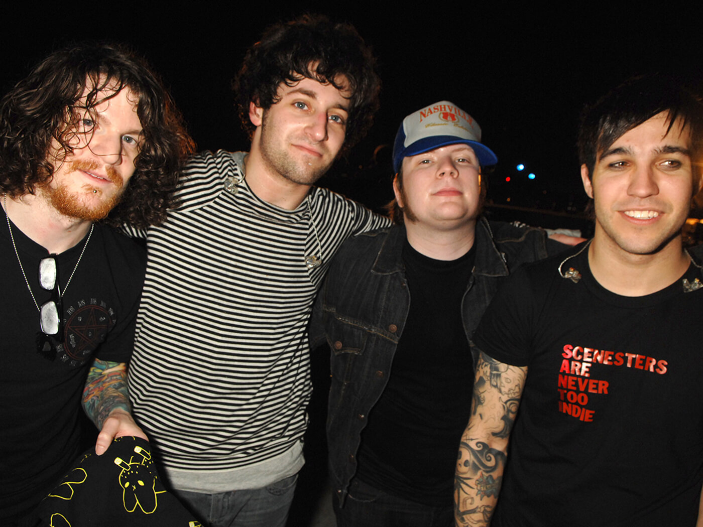 Fall Out Boy during “MTV’s Infinity Flight 206 With Fall Out Boy” in 2007, by Jeff Kravitz/Film Magic, Inc via Getty Images
