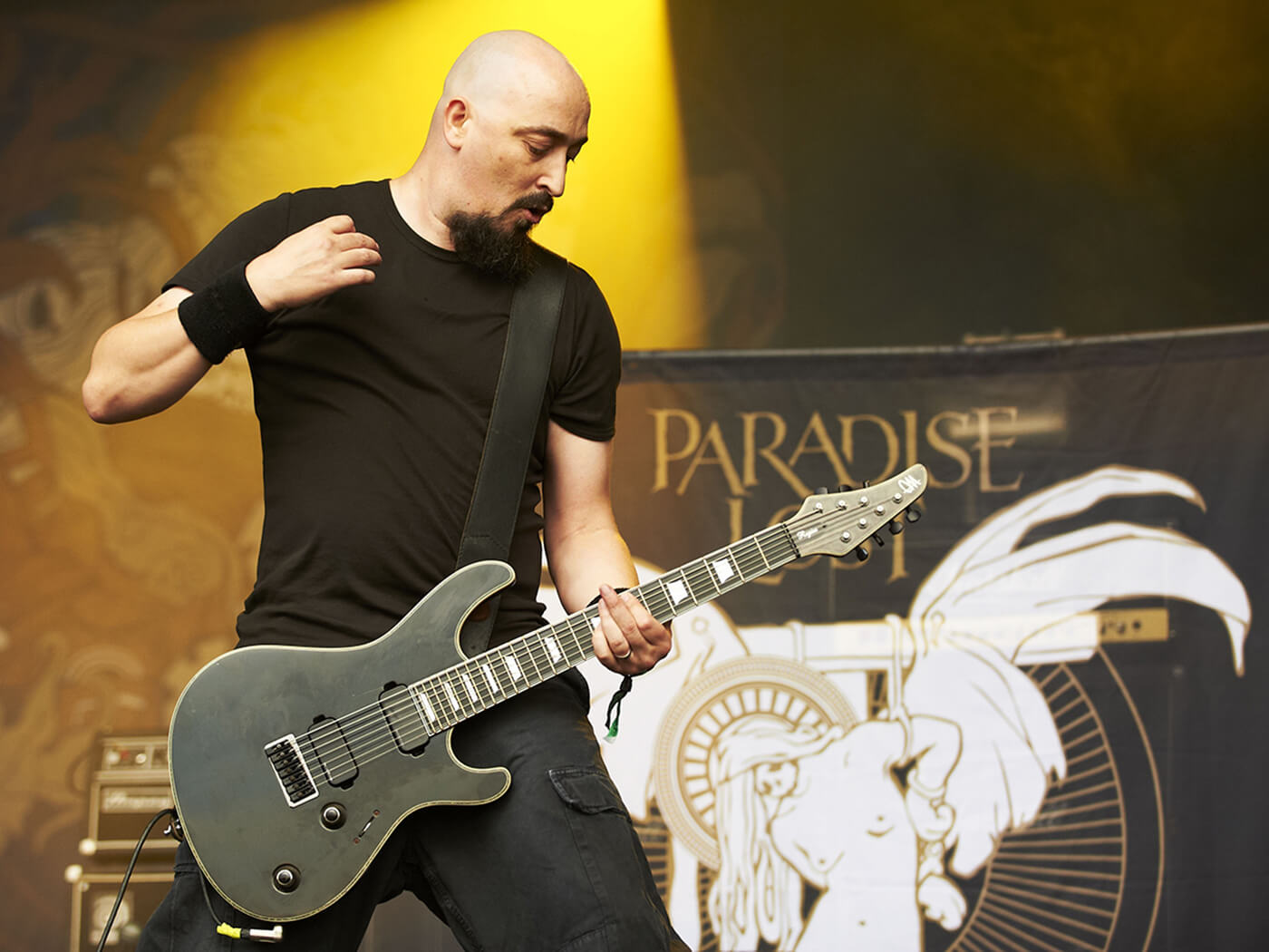 Aaron Aedy of Paradise Lost performing at Bloodstock Open Air in 2012