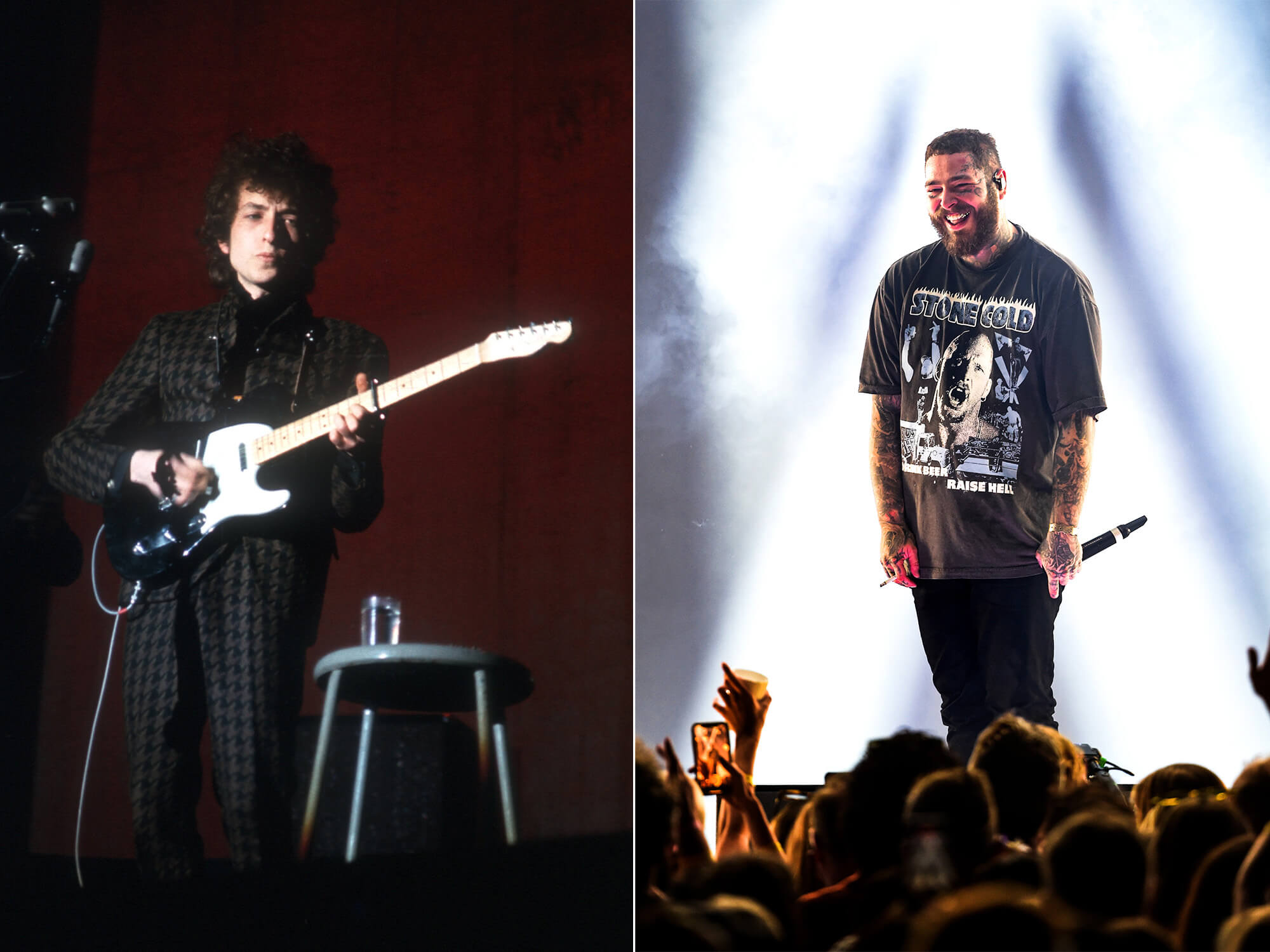 Bob Dylan on stage playing Telecaster (left), Post Malone on stage holding a mic and smiling down at fans (right)