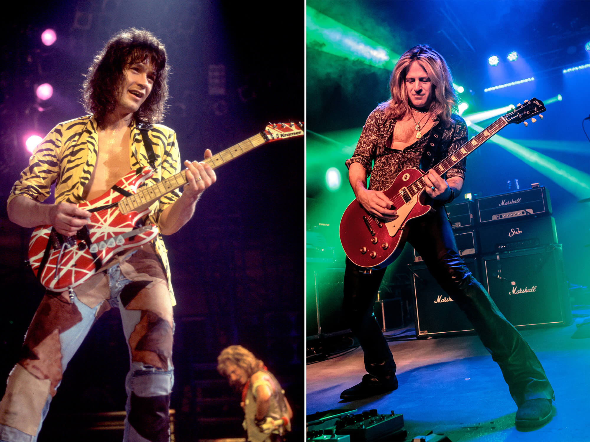 Eddie Van Halen on stage in 1984 (left), and Doug Aldrich on stage playing a Les Paul (right)