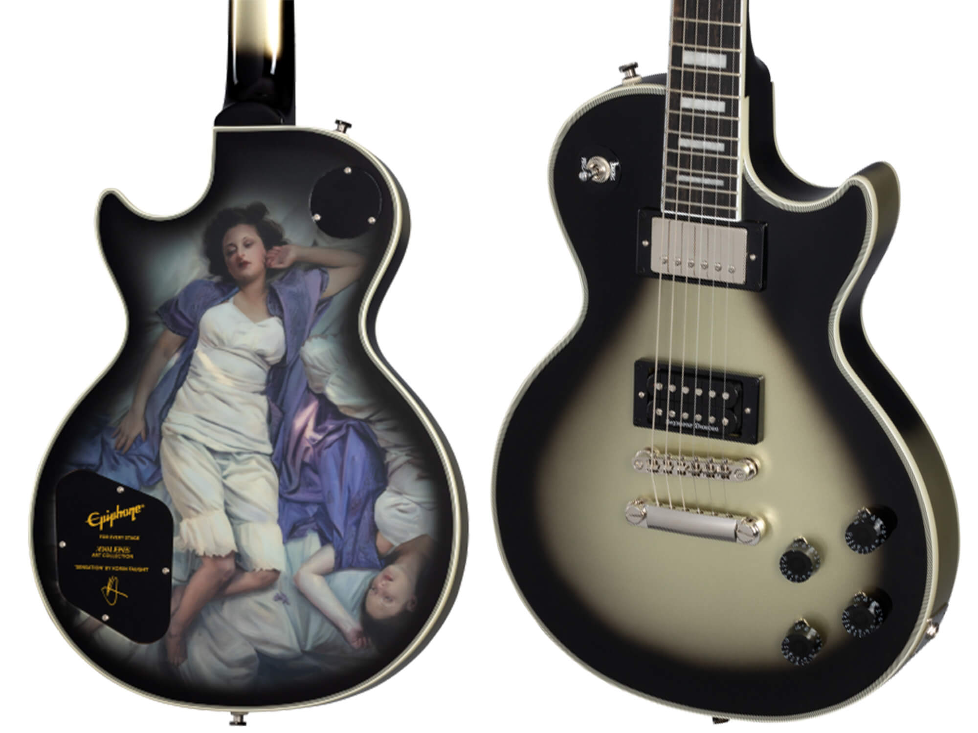 Epiphone Adam Jones model featuring "sensation" artwork - it is a silver burst Les Paul, and the painting on the back depicts a woman lying on a bed looking sad