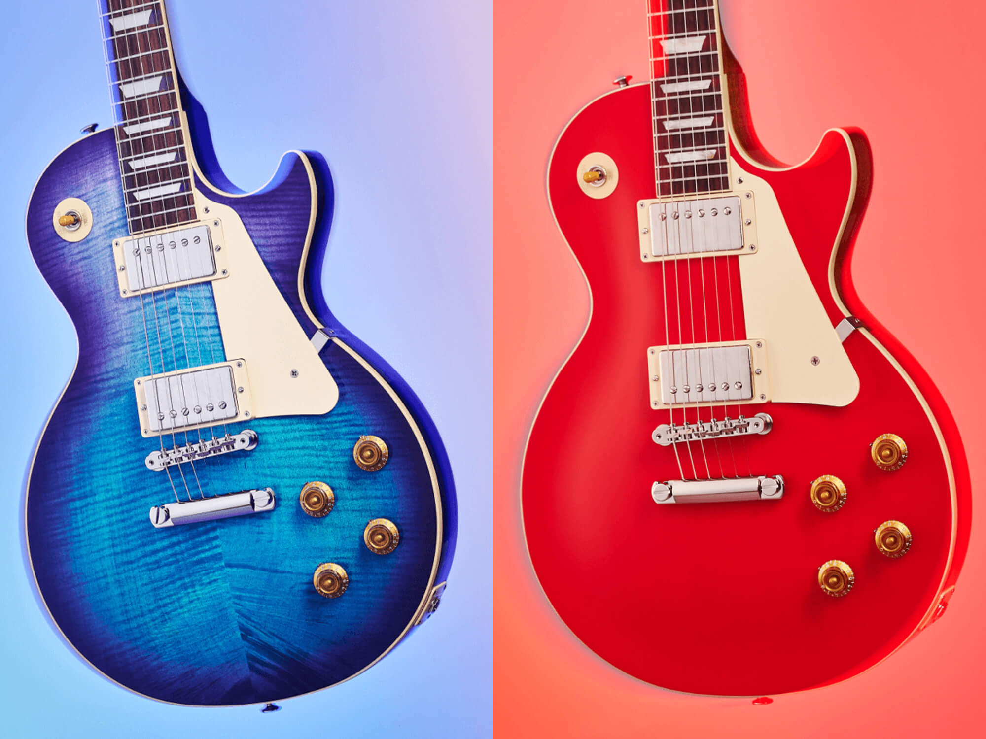 Gibson custom colour guitars - A 50s figured top in Blueberry Burst (left) A 50s plain top in Cardinal Red (right)