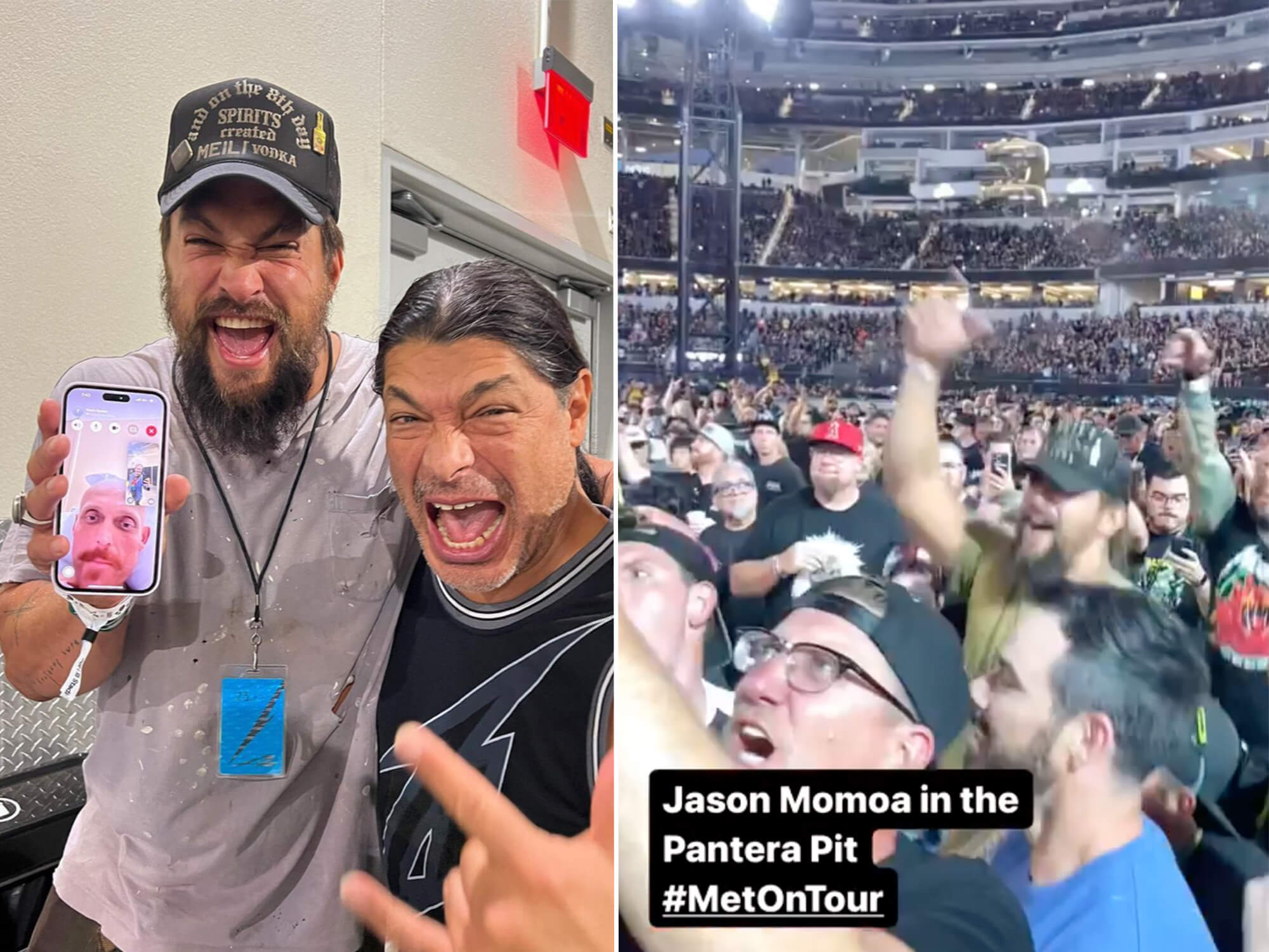 Left - Jason Momoa pictured with Robert Trujillo, he's holding his phone where his friend who could not attend is on a video call. Right - a screen capture of Momoa in a pit.