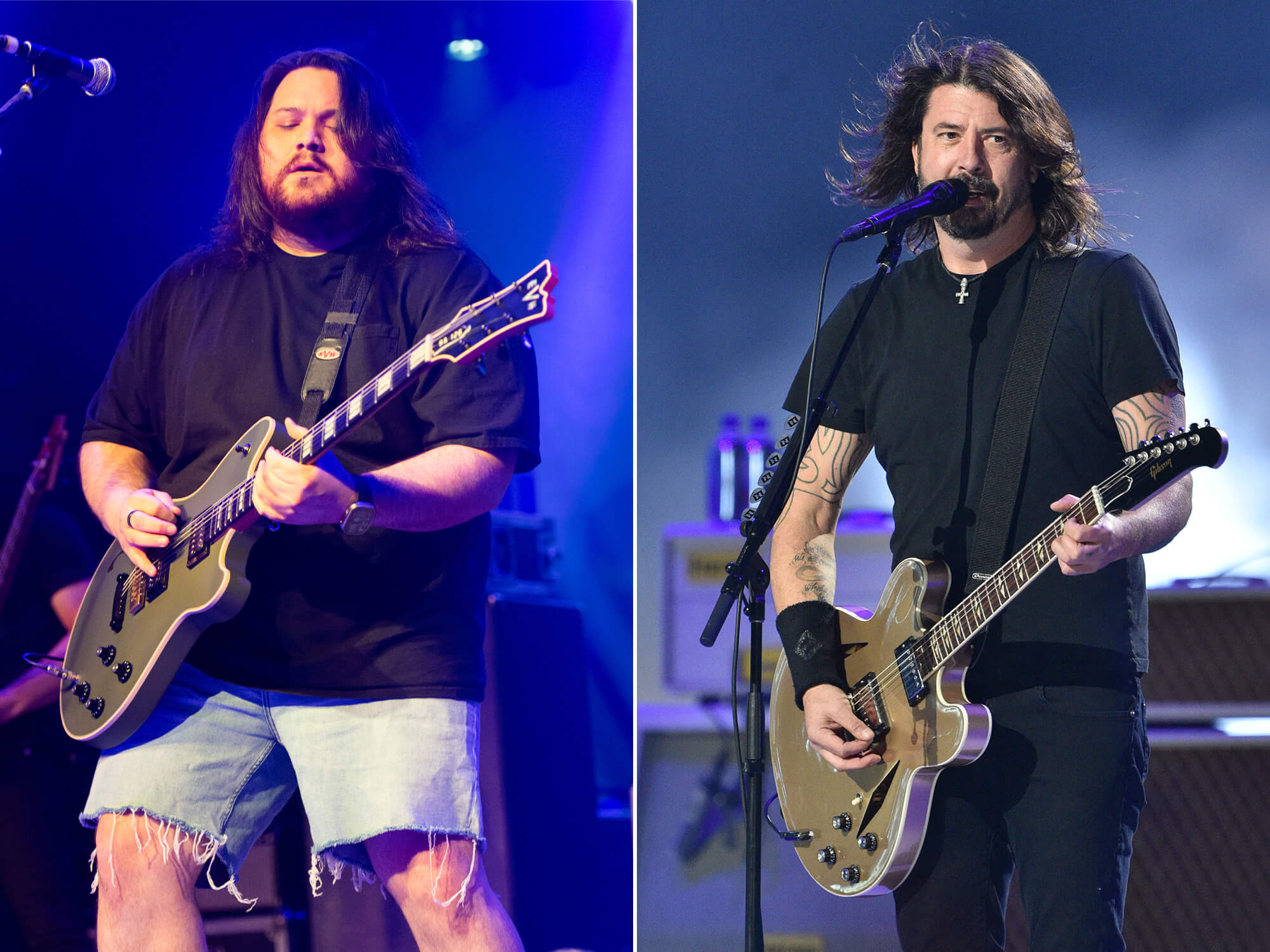 Wolfgang Van Halen (left) Dave Grohl (right) on stage, both with guitars in hand