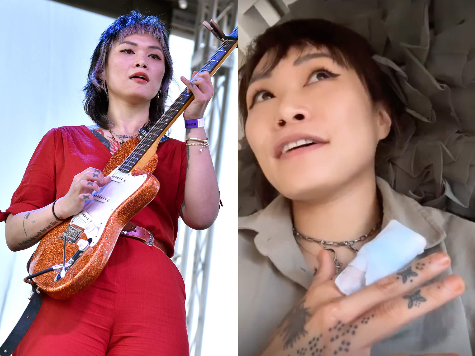 Yvette Young on stage (left) and a screen capture of her Instagram story where her bandaged finger can be seen (right)