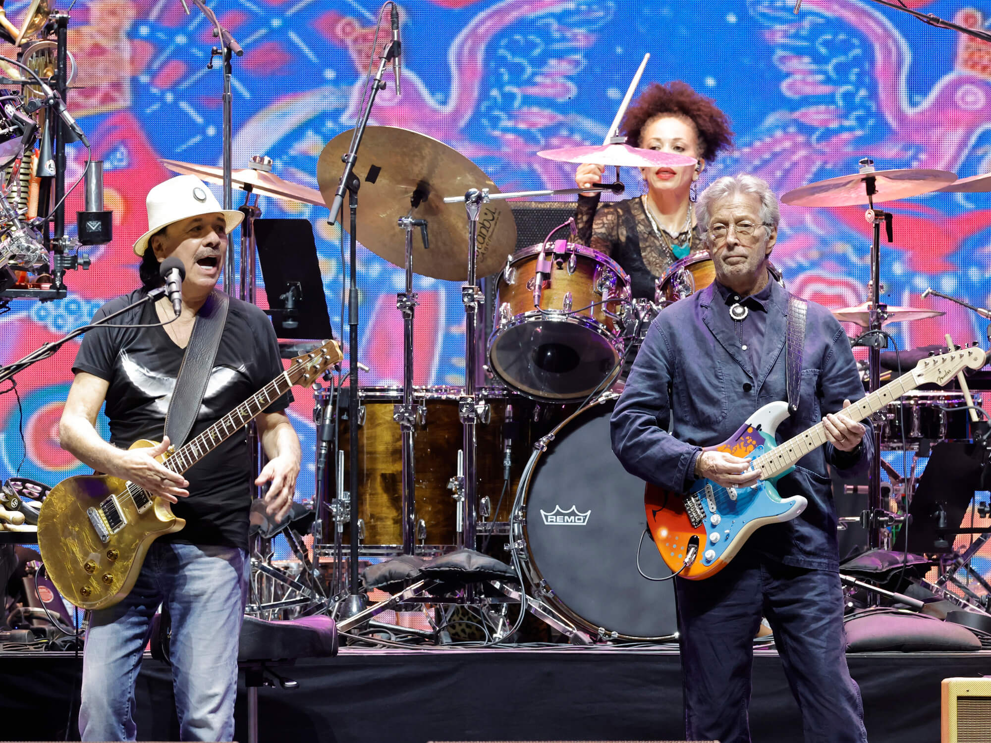 Carlos Santana and Eric Clapton performing at the 2023 Crossroads Guitar Festival