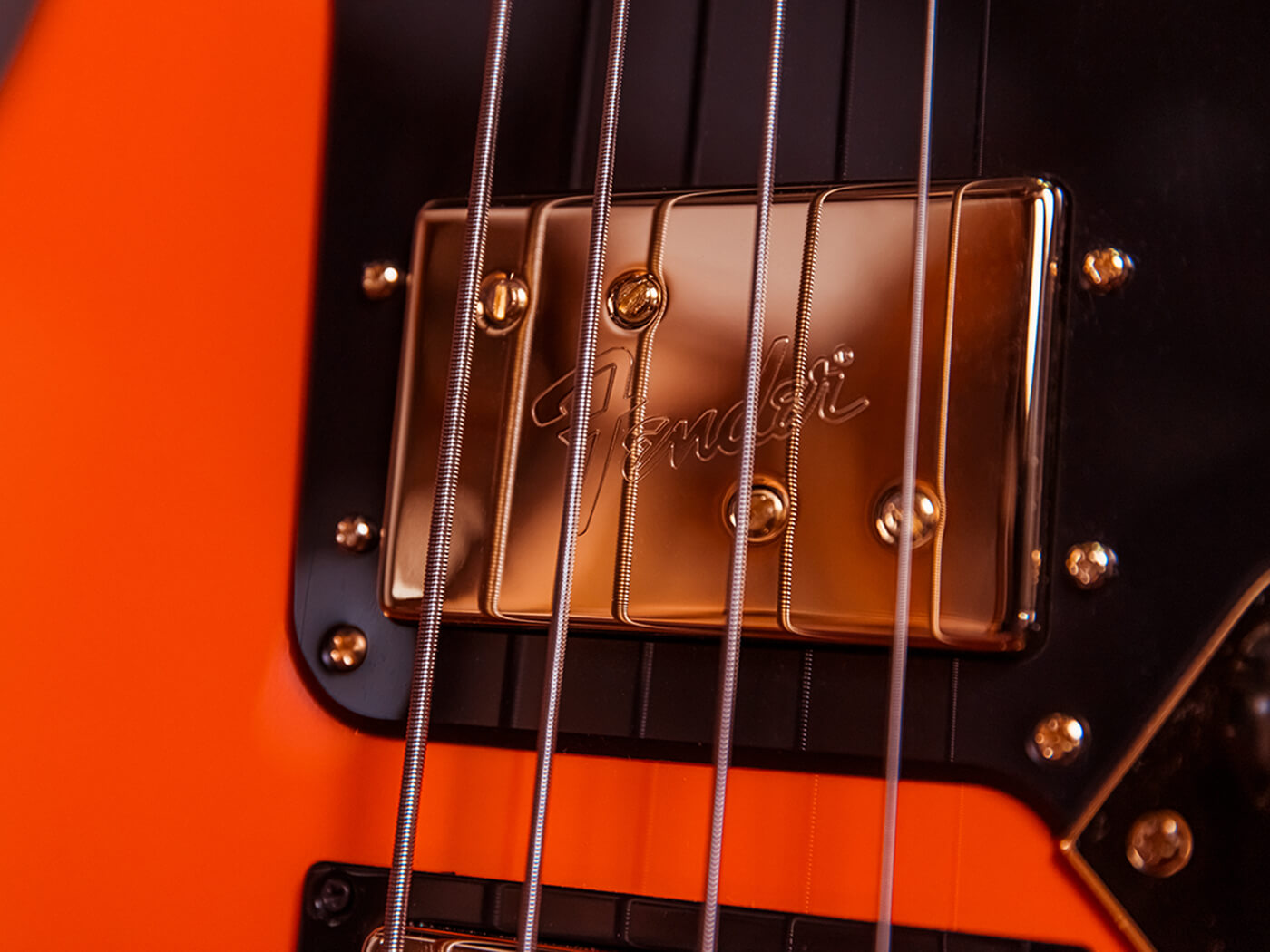 Fender logo on Mike Kerr’s signature Jaguar Bass