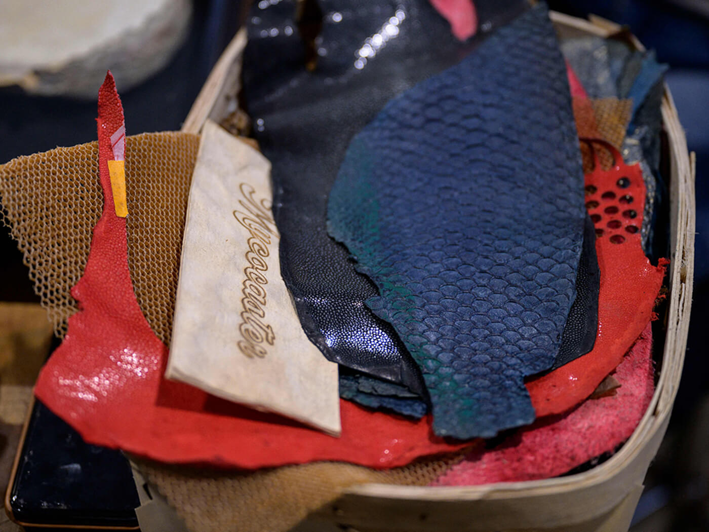 Samples of biomaterials like fish leather, mycelium, recycled paper and Kombucha leather in Rachel Rosenkrantz’s studio