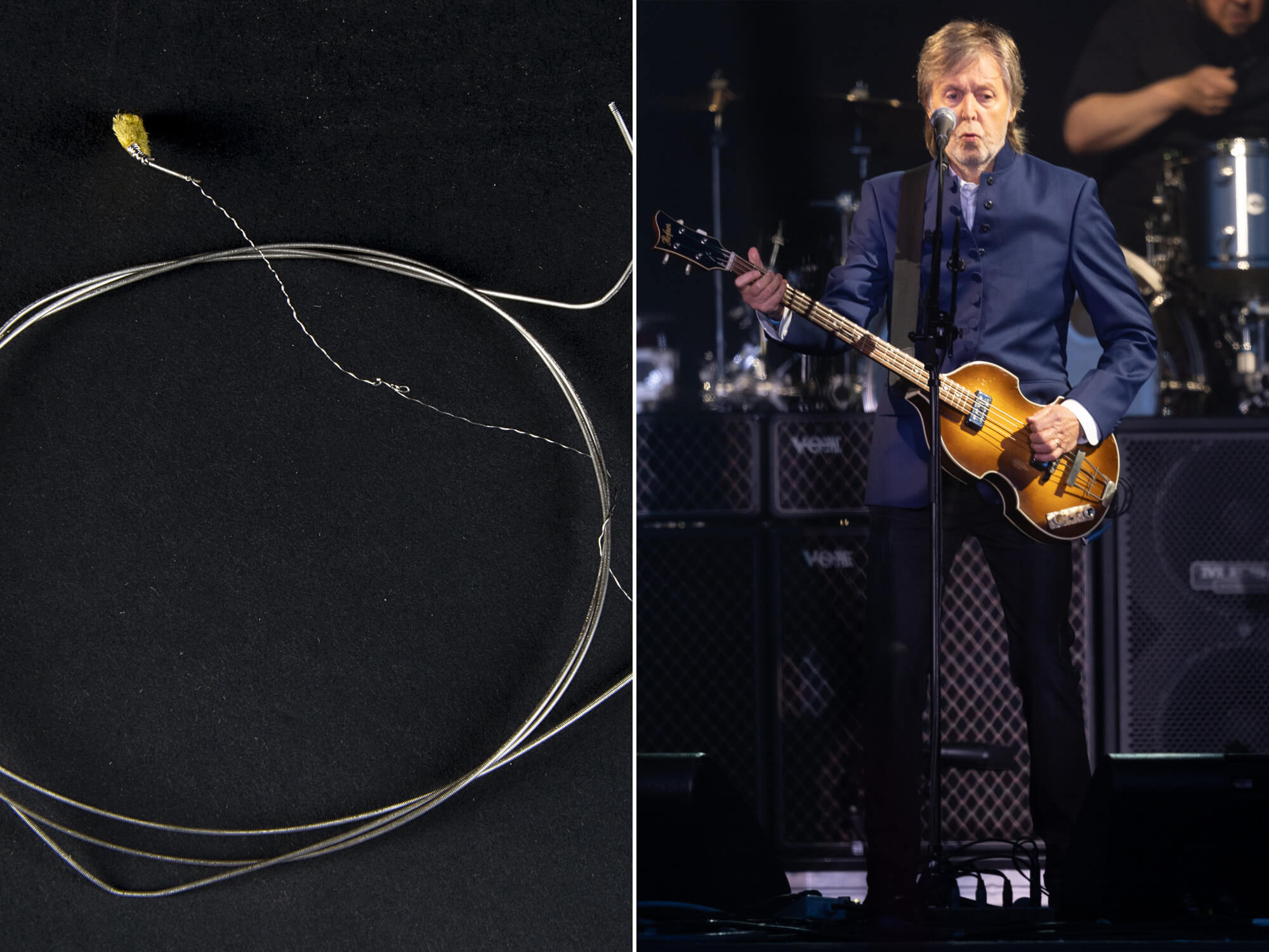 Epiphone string and Paul McCartney performing live split image