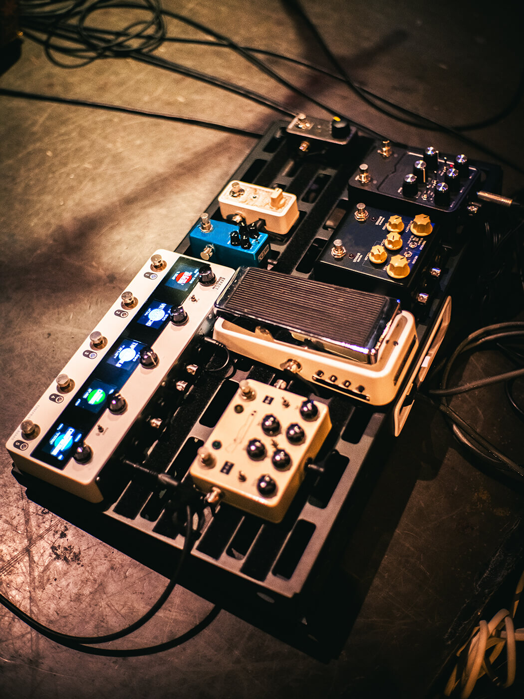 Guitar pedals on a pedalboard, photo by Kunihito Ikeda/Getty Images