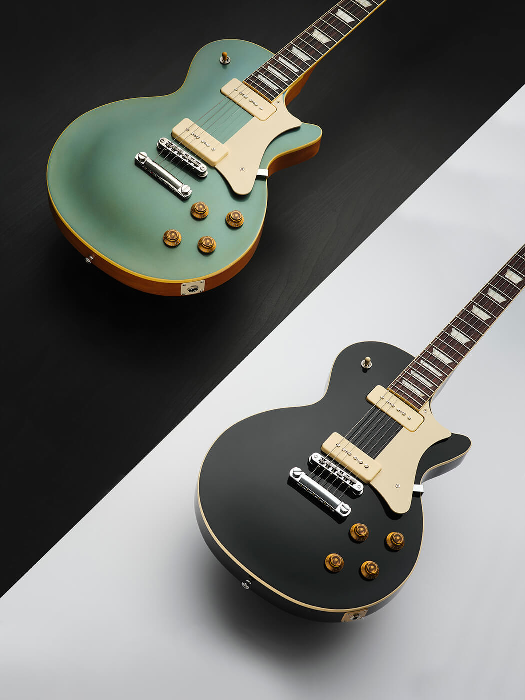Heritage H-150 P90 Standard (black) and Custom Core (blue) by Adam Gasson