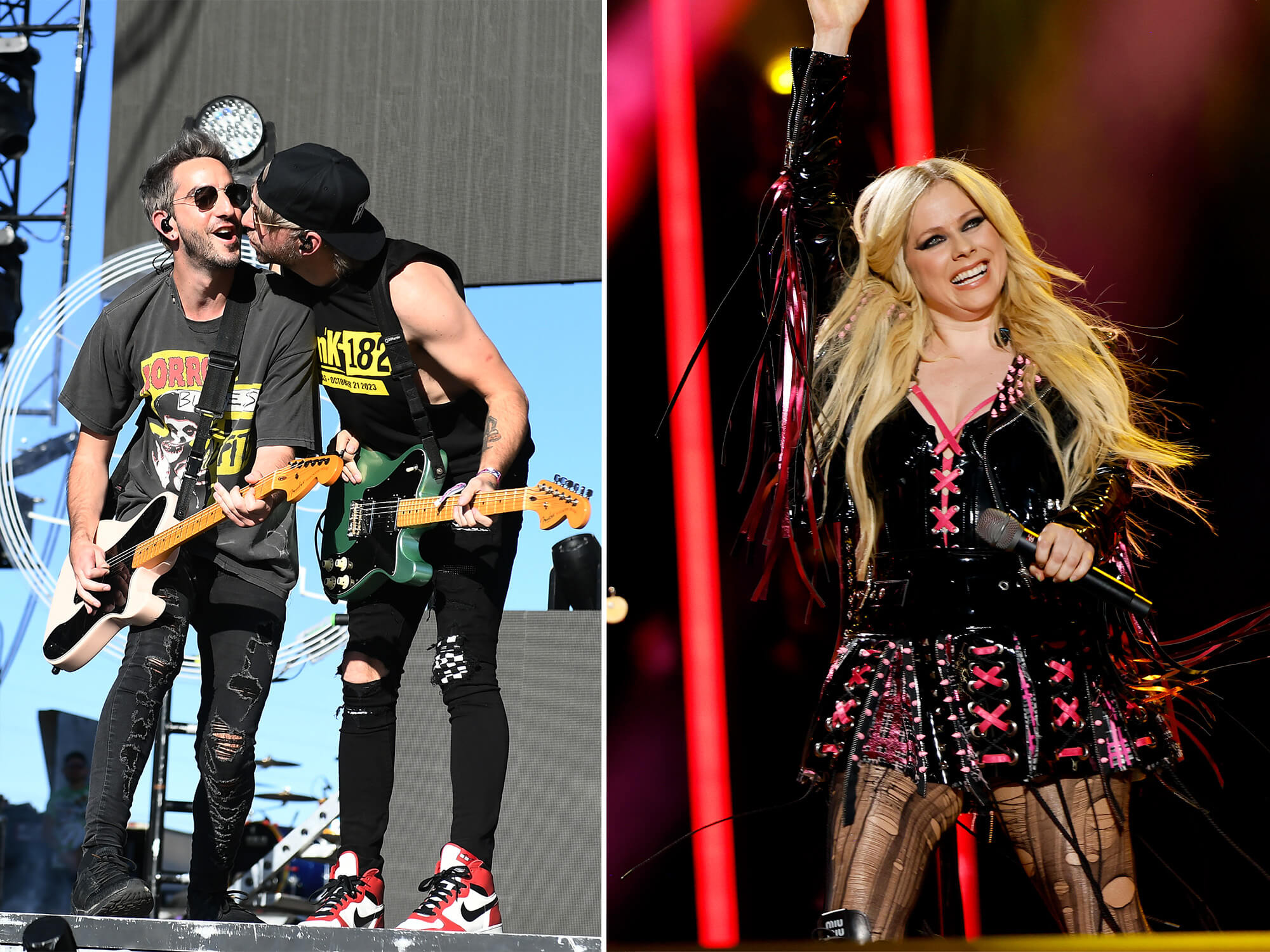 (Left) All Time Low's Alex Gaskarth leaning into fellow member Jack Barakat at WWWY Fest. They both hold guitars. (Right) Avril Lavigne on stage holding a mic in one hand, and her other hand is held in the air. She is smiling wide at the crowd.