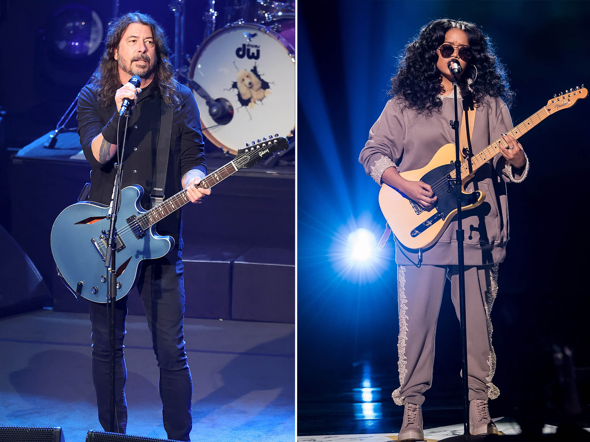 Left - Dave Grohl of Foo Fighters holding a mic stand in one hand and his guitar in the other. He has long hair and a beard and is looking out slightly to his left across the crowd. Right - H.E.R. playing guitar and singing into a mic. She wears sunglasses and has long, dark hair.