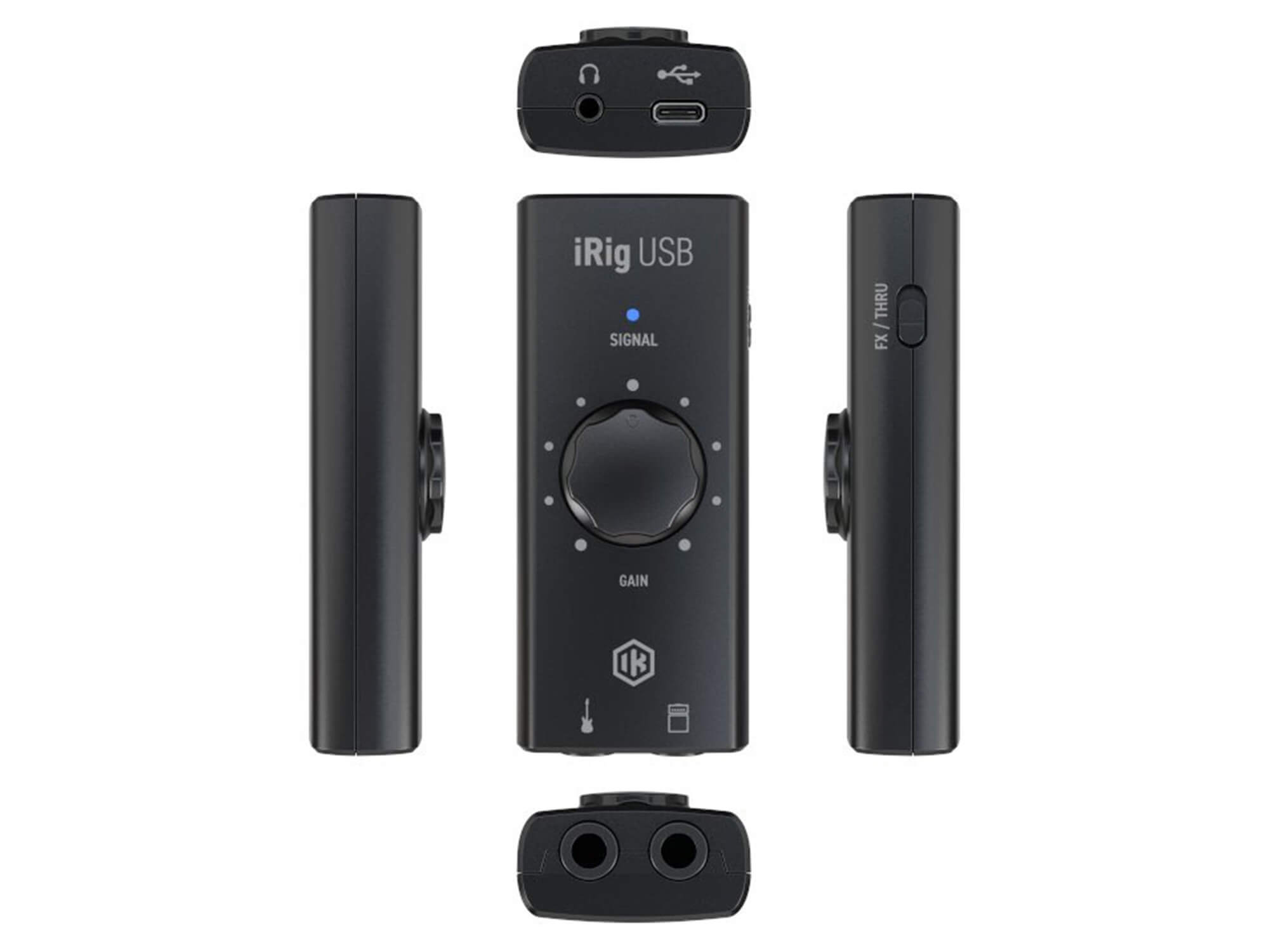 iRig USB - small black interface with a large dial, shown from five different angles.