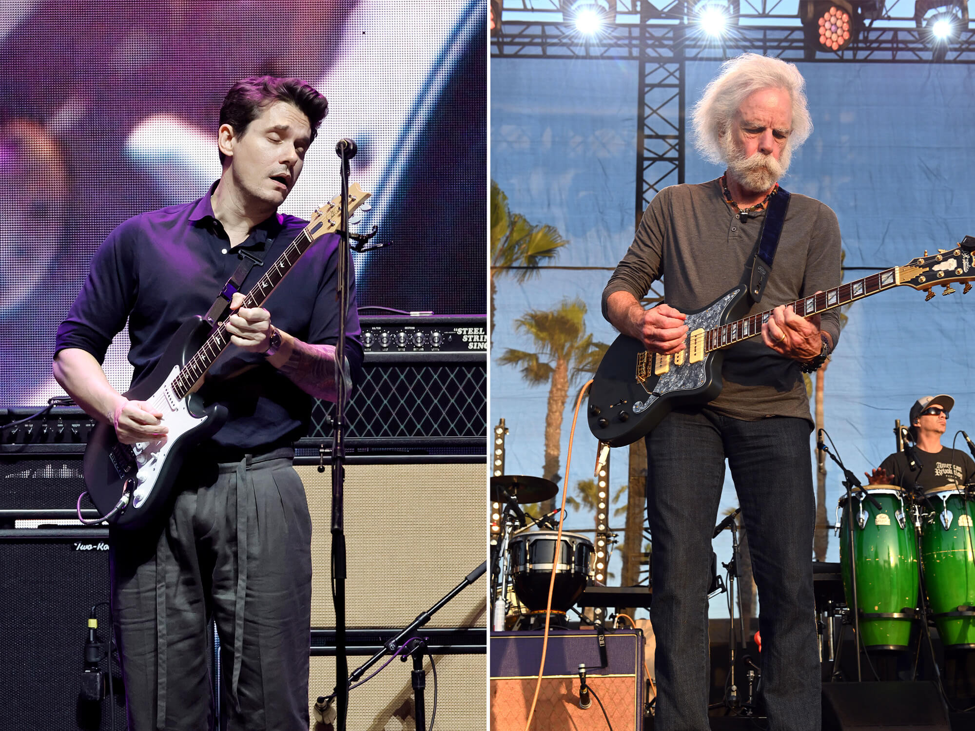 John Mayer (left) playing guitar on stage, he has his eyes closed. Bob Weir (right) of Grateful Dead. He is also playing guitar on stage and is looking down at his instrument as he plays.