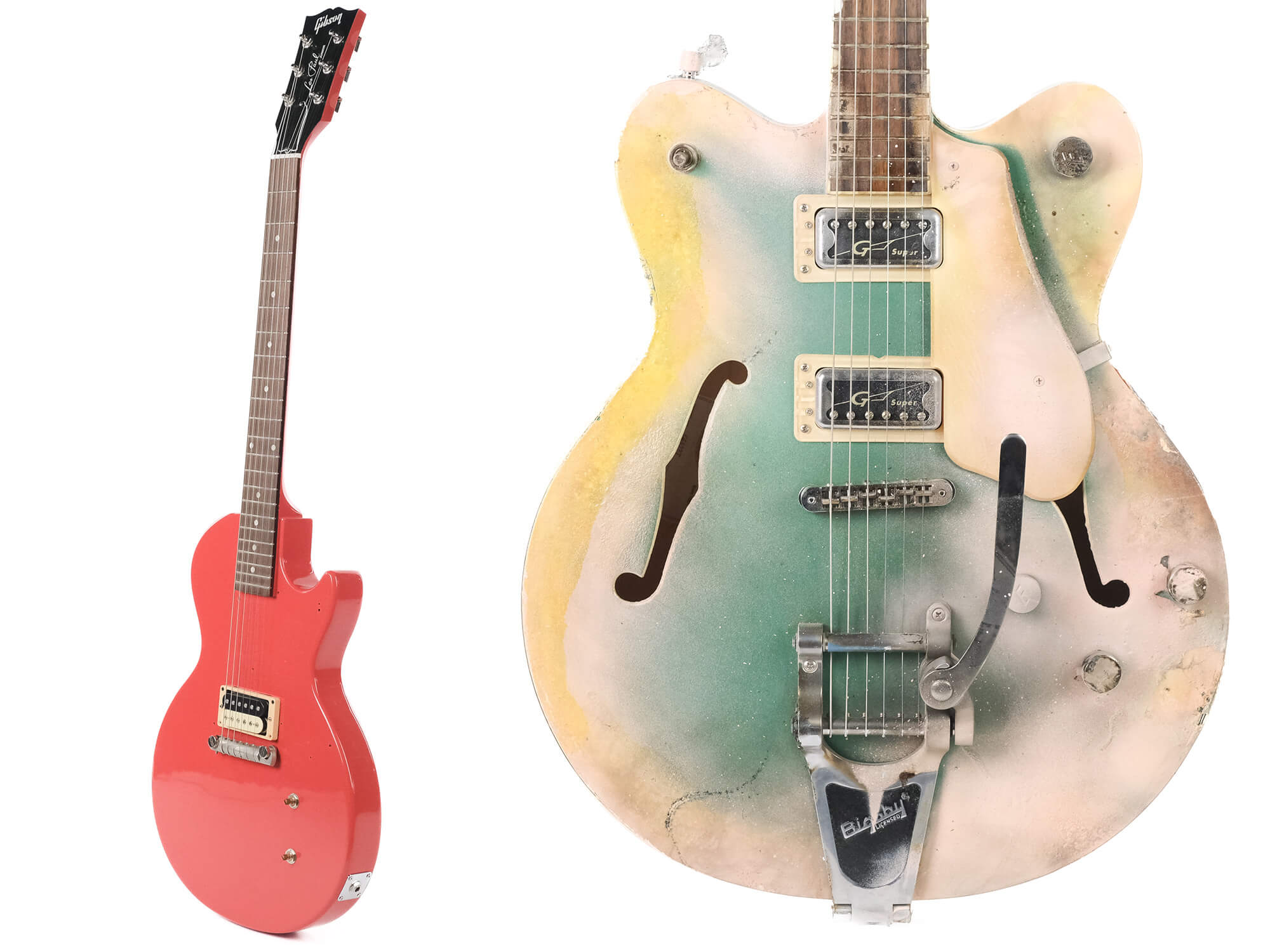 Guitars from the Green Day Reverb shop. On the left is a red Les Paul Jr prototype. On the right is a Gretsch Electromatic