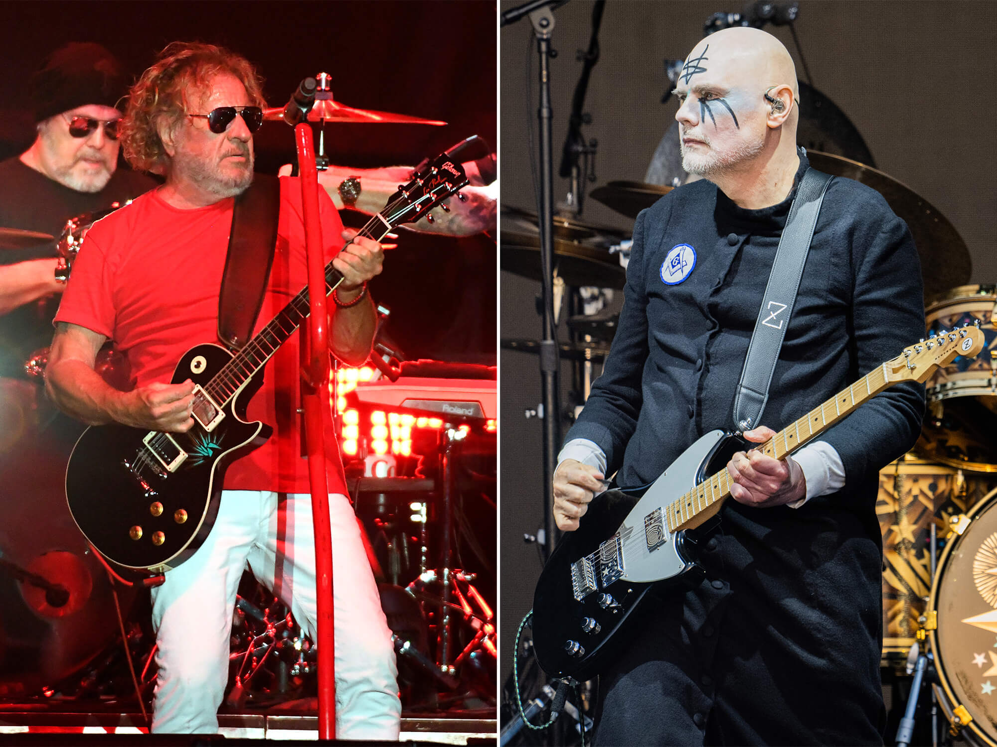 Sammy Hagar playing guitar and wearing sunglasses on stage (left). Billy Corgan wearing face paint and playing guitar on stage (right).