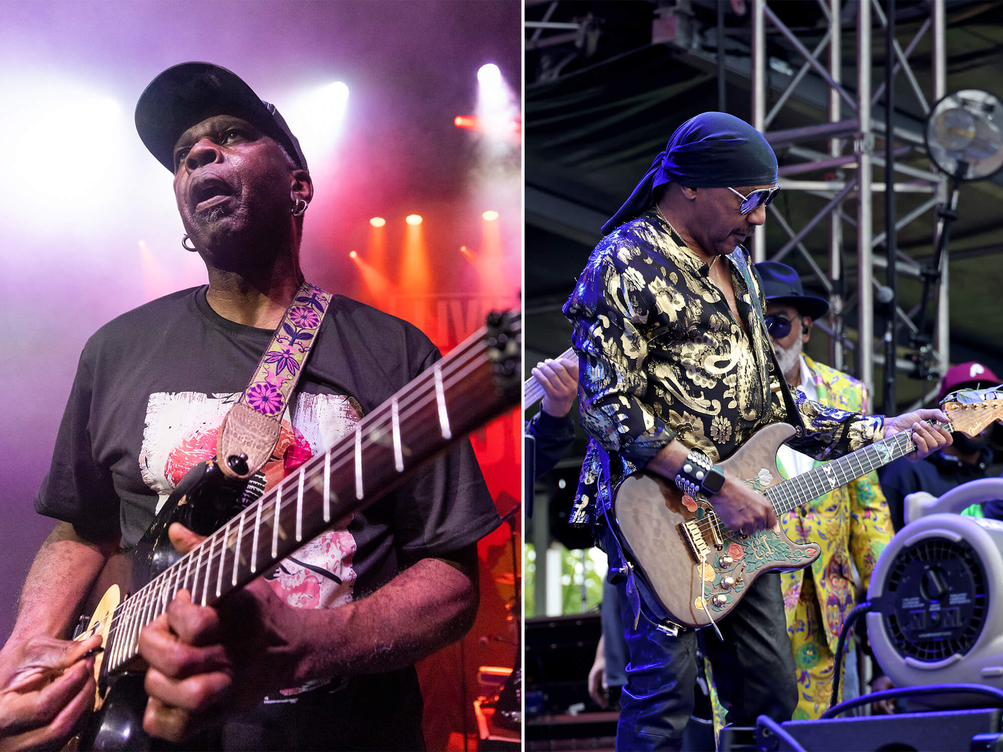 Vernon Reid (left) and Ernie Isley (right. Both are on stage and are playing guitar.