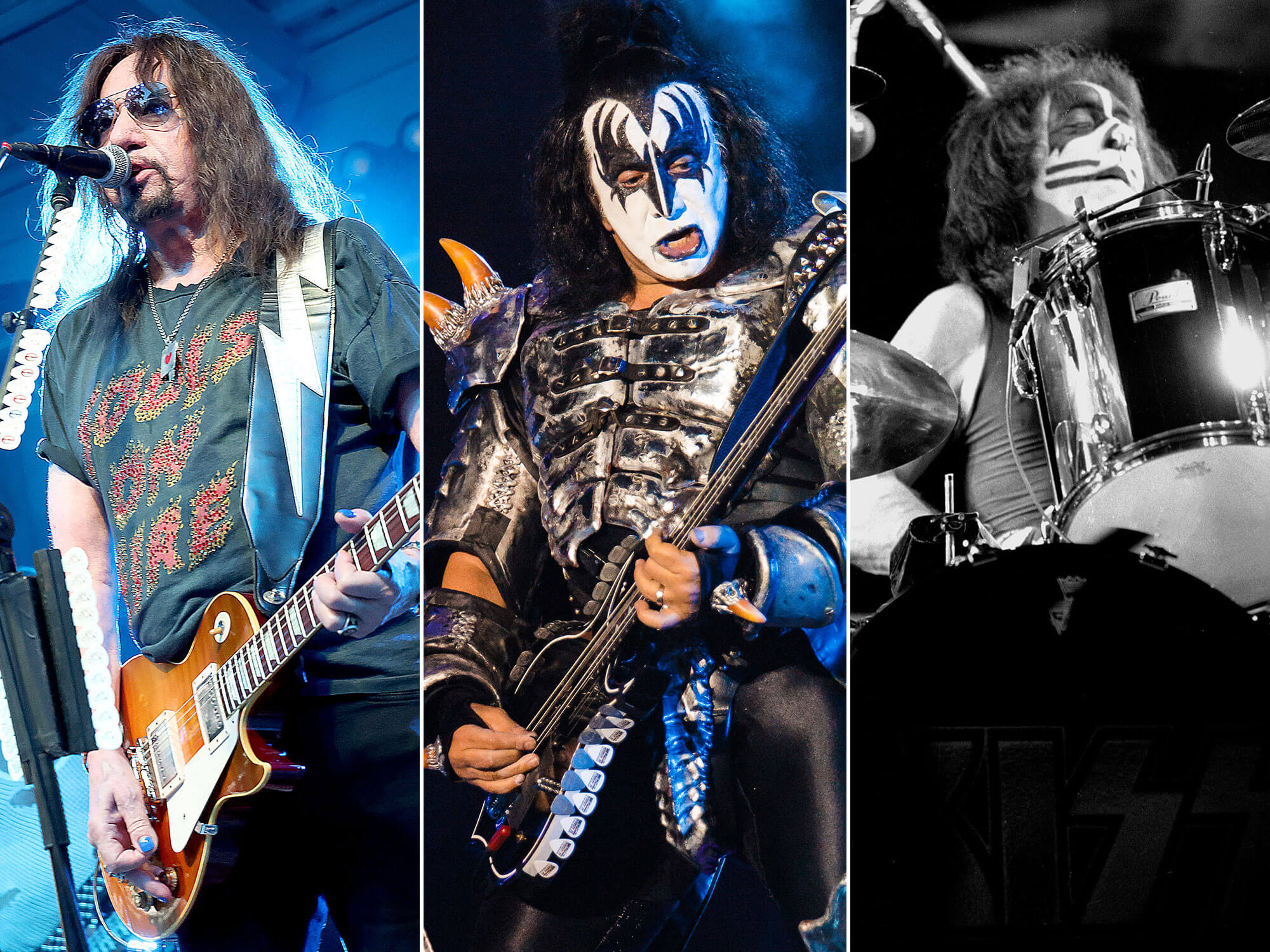 [L-R] Ace Frehley, Gene Simmons and Peter Criss performing live