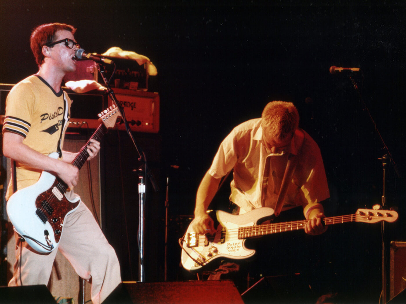 Rivers Cuomo of Weezer plays his iconic blue Stratocaster with bassist Matt Sharp in 1994, photo by Jim Steinfeldt/Michael Ochs Archives via Getty Images
