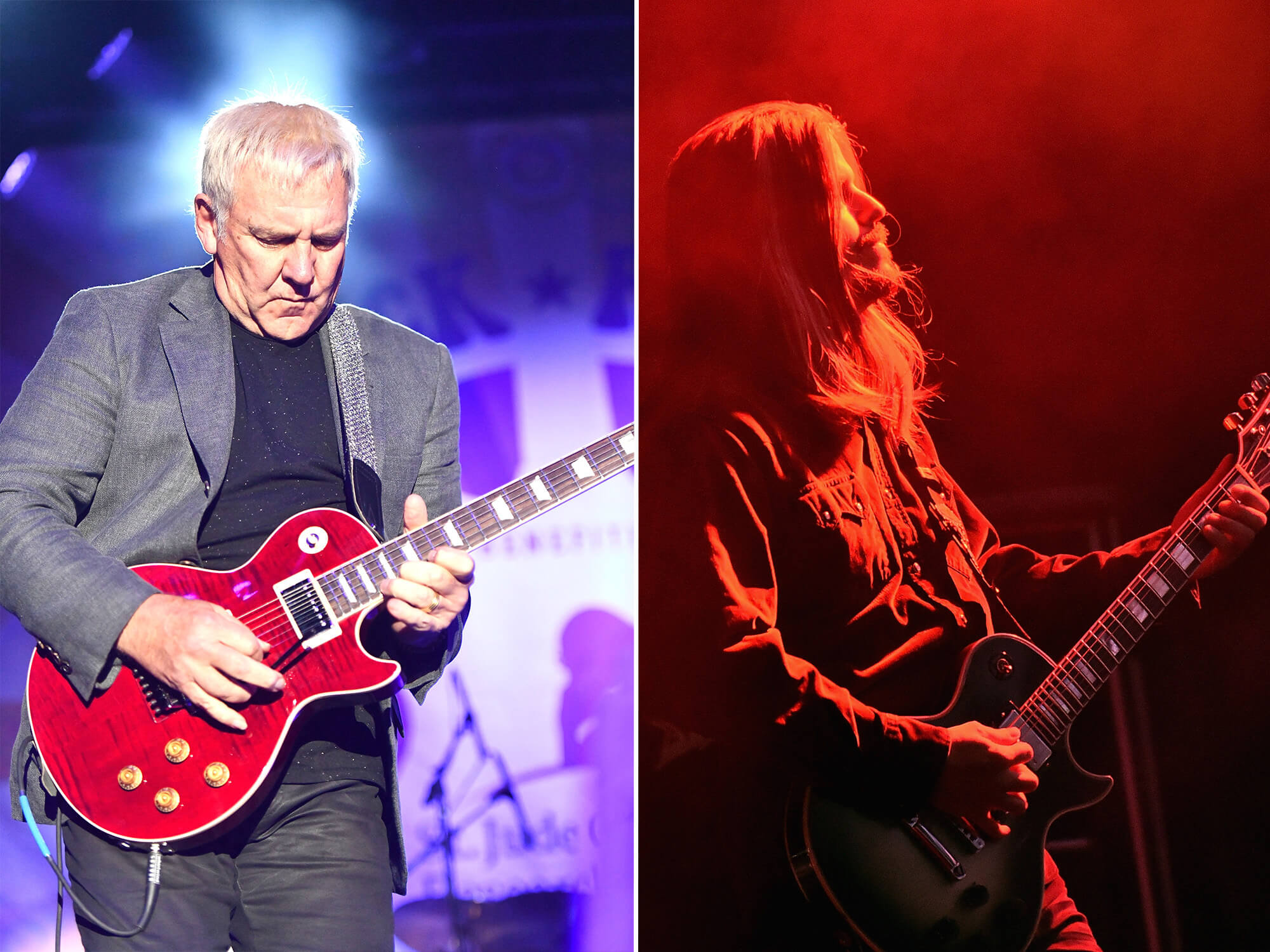 Alex Lifeson (left) looking down and playing a red Les Paul.He wears a grey suit jacket and plain black top. Adam Jones of Tool (right) with a grey Les Paul in hand. He stands under red lights and has long hair.