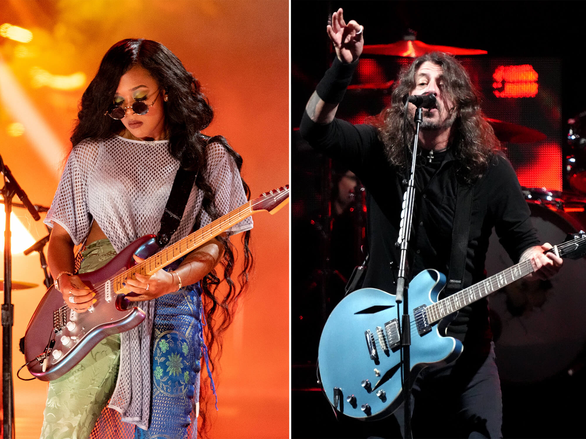 H.E.R (left) and Dave Growl (right) both on stage playing guitar