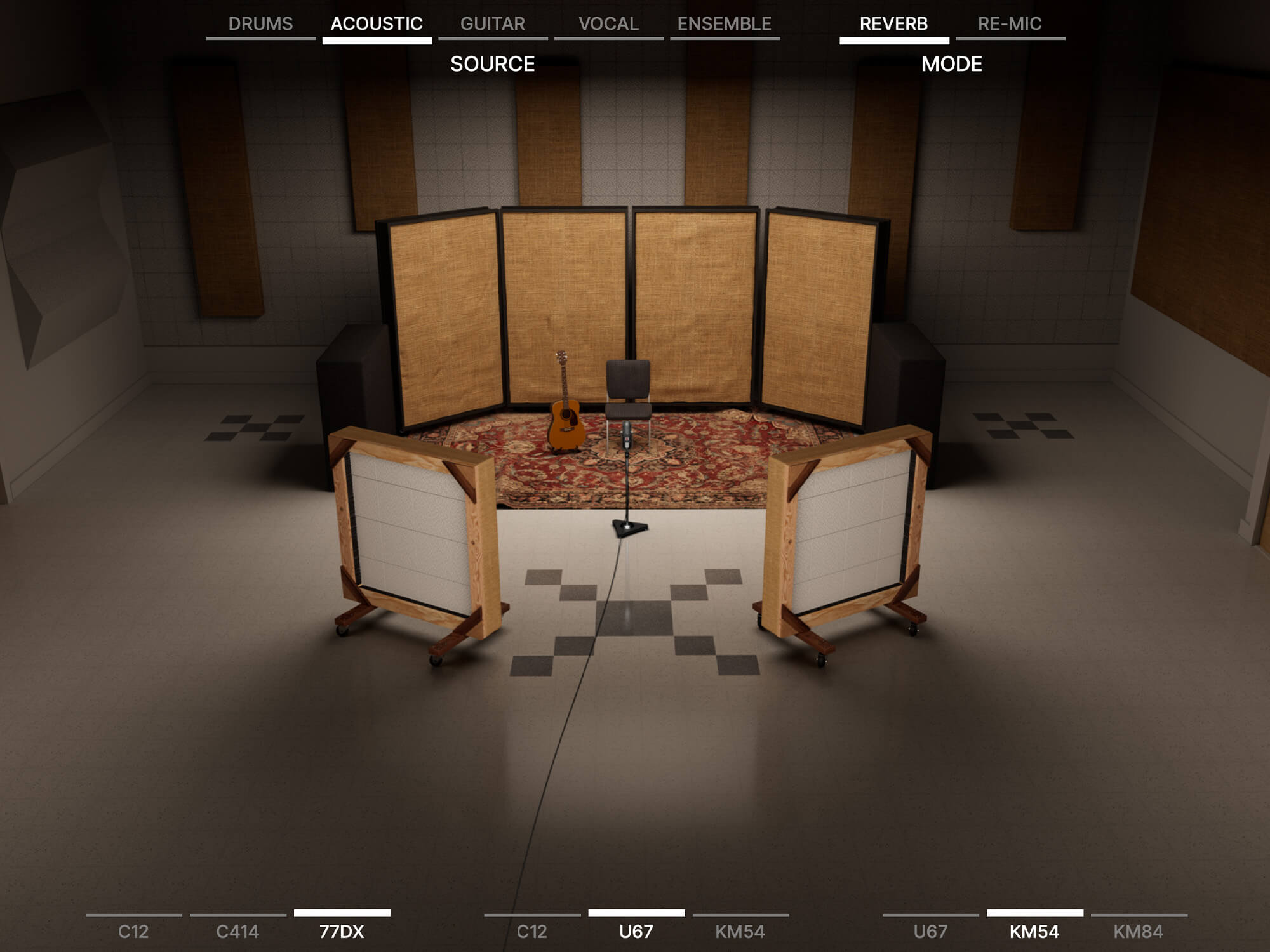 Universal Audio Sound City Plugin which shows a digital recreation of a room. In it there's an acoustic guitar and a stool.