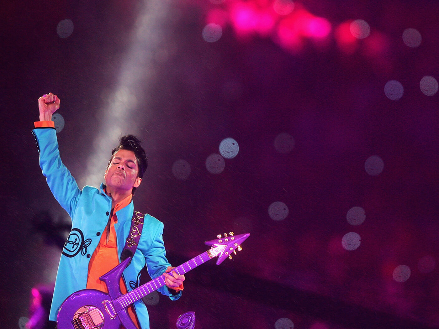 Prince performing at the ‘Pepsi Halftime Show’ at Super Bowl XLI in 2007, photo by Jed Jacobsohn/Getty Images