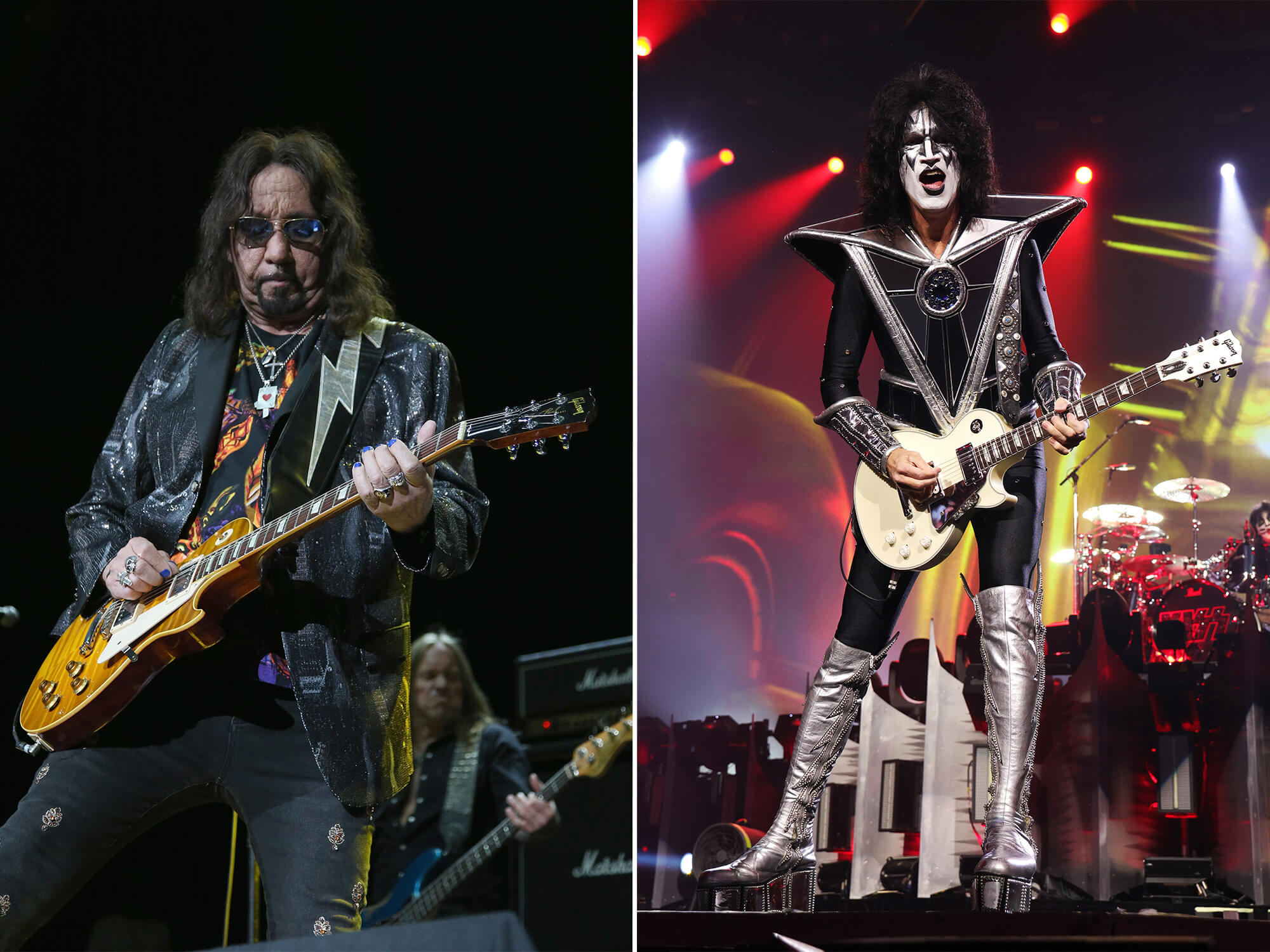 Ace Frehley (left) and Tommy Thayer (right). Both guitarists are on stage, and Thayer is wearing the spaceman makeup previously worn by Frehley.