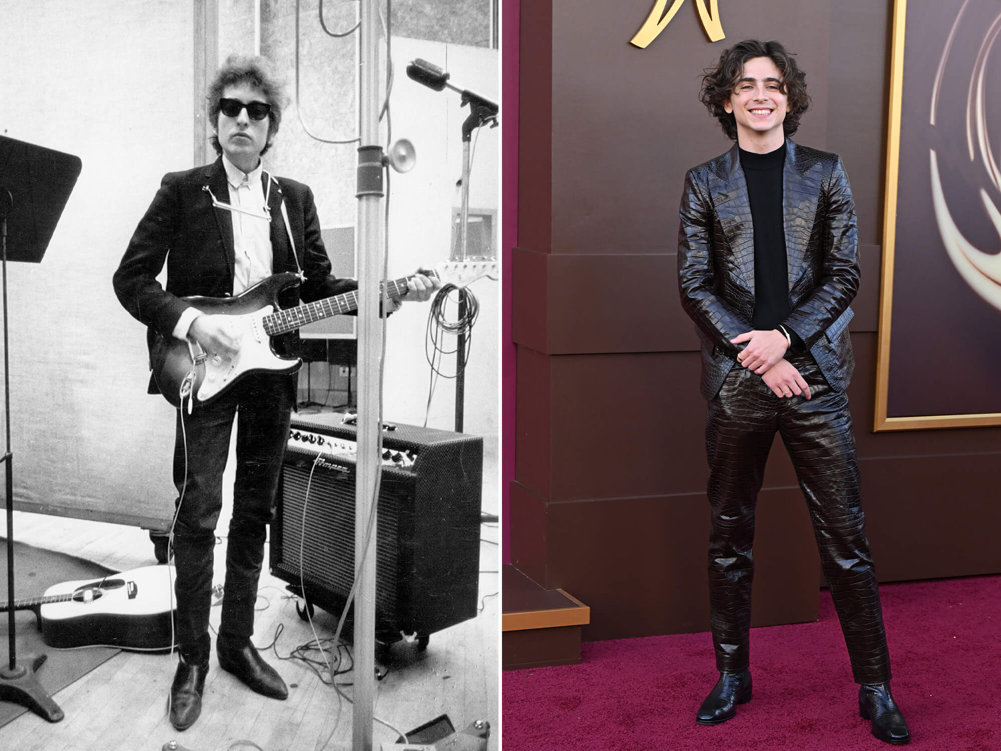 Bob Dylan (left) in the studio holding a Strat. He is pictured in black and white, is wearing shades and a smart outfit. Timothee Chalamet (right) at a red carpet event for his film, Wonka. He is smiling widely and wears and an all-black suit.
